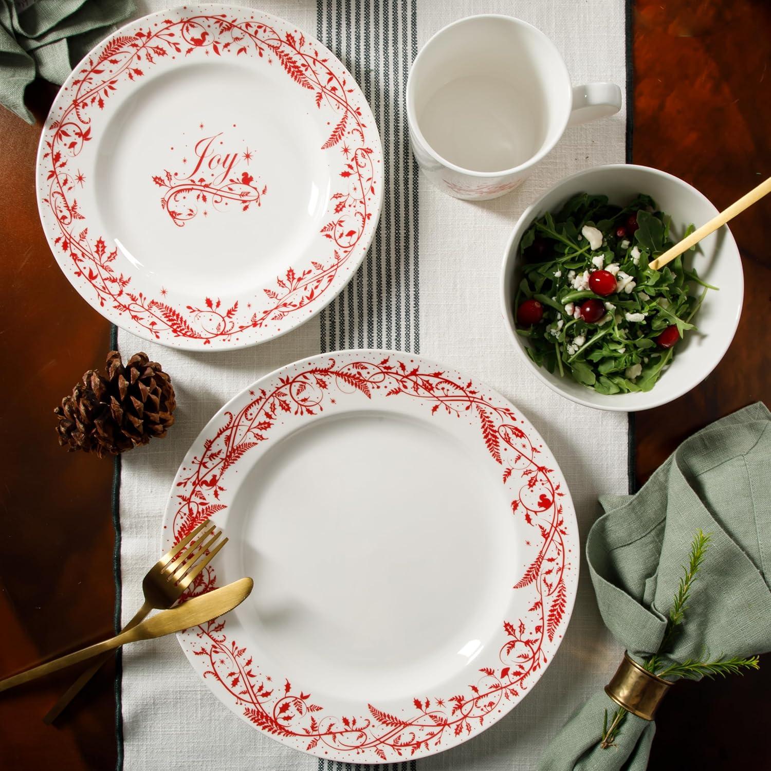 imageMartha Stewart Christmas Plates 12 Piece Decorated Red and White Stoneware Dinnerware SetChristmas Vines