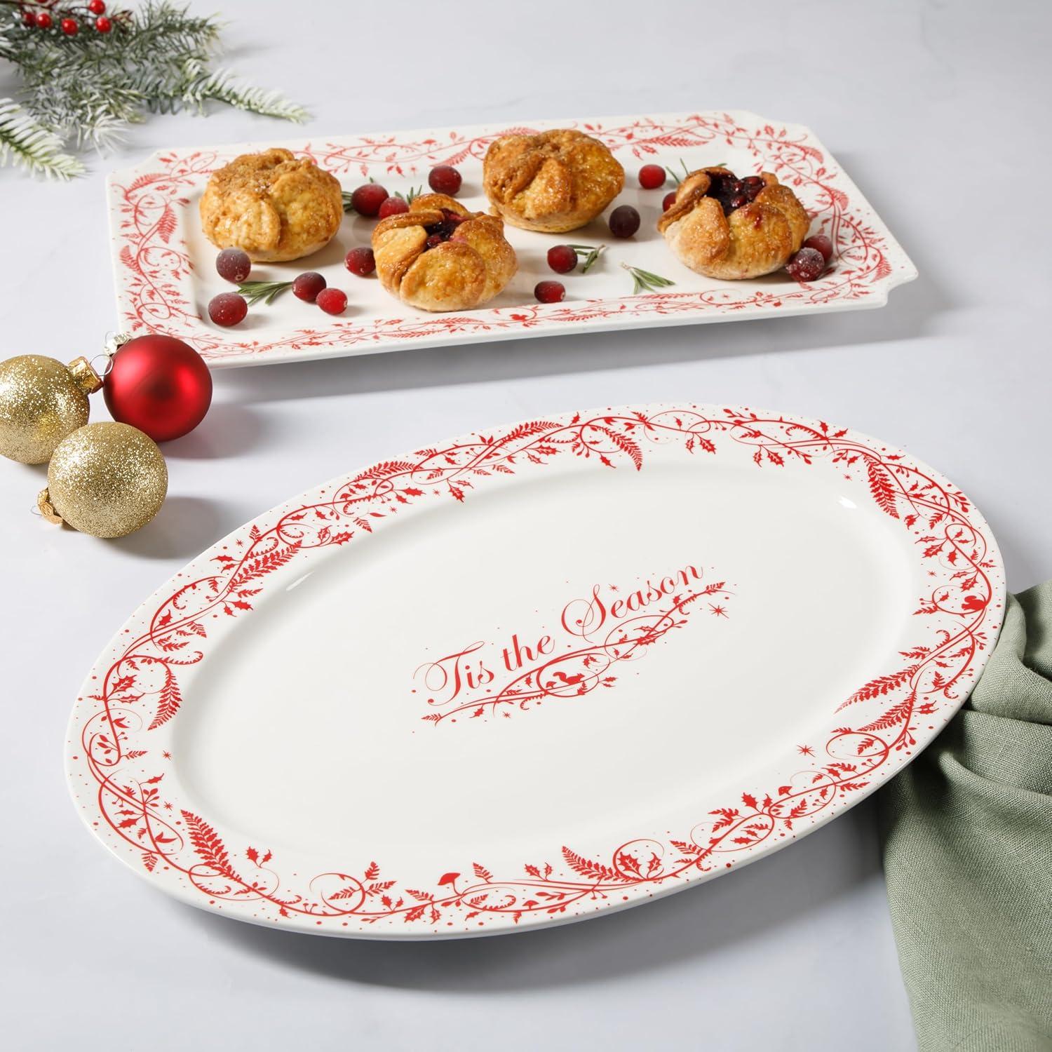imageMartha Stewart Christmas Plates 12 Piece Decorated Red and White Stoneware Dinnerware SetChristmas Vines Serveware