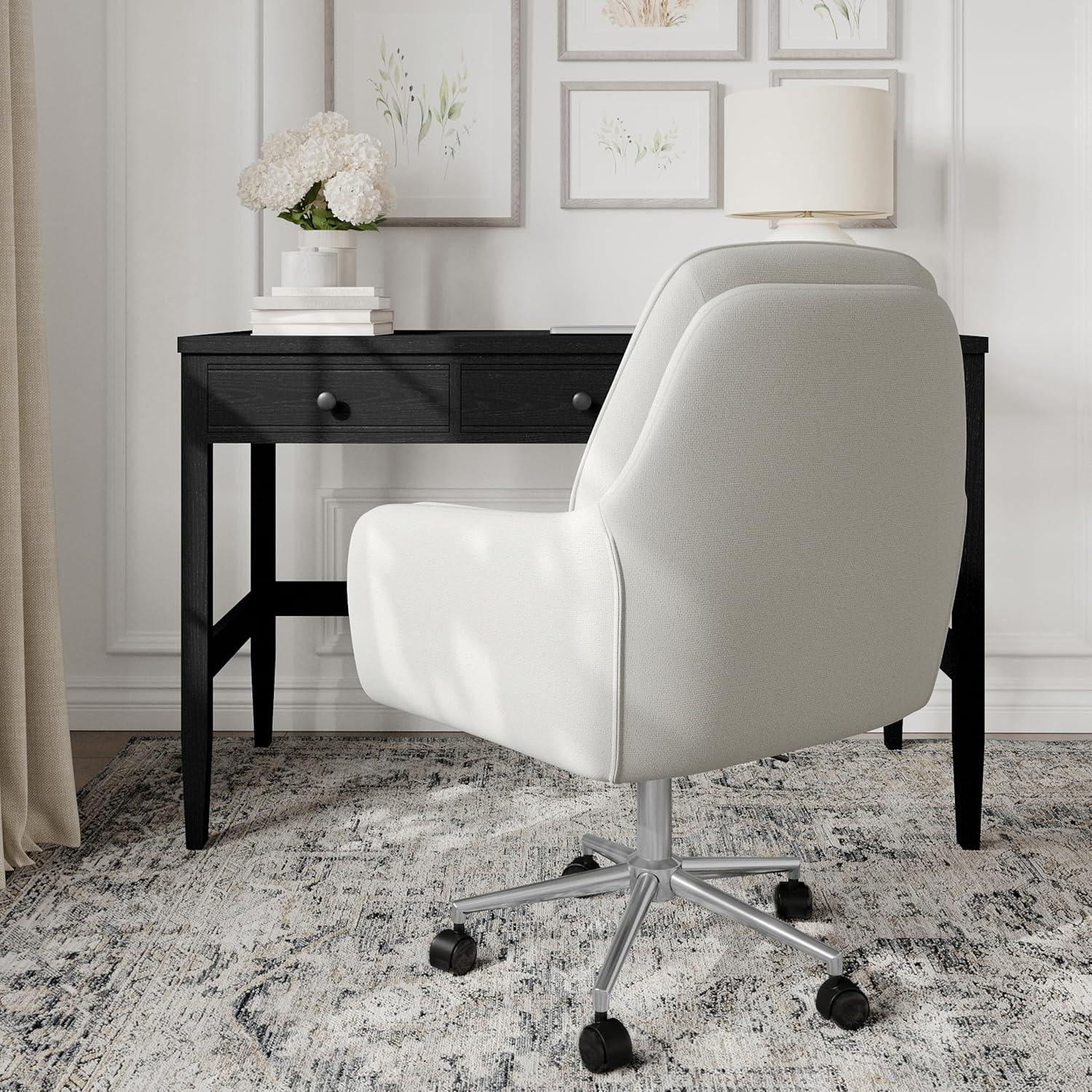 imageMartha Stewart Clara Swivel Task Chair with Double Cushions for Home Office in Off White Boucle with Polished Brass FrameBedford Gray FabricPolished Nickel Frame