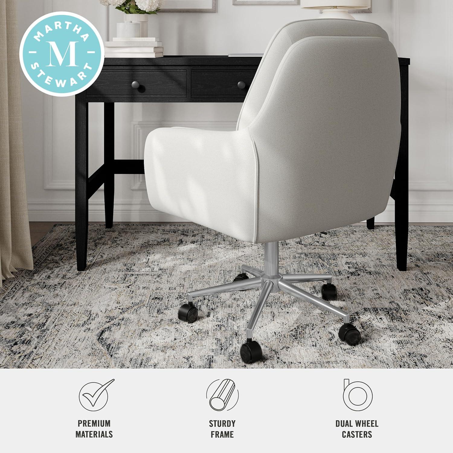 imageMartha Stewart Clara Swivel Task Chair with Double Cushions for Home Office in Off White Boucle with Polished Brass FrameBedford Gray FabricPolished Nickel Frame
