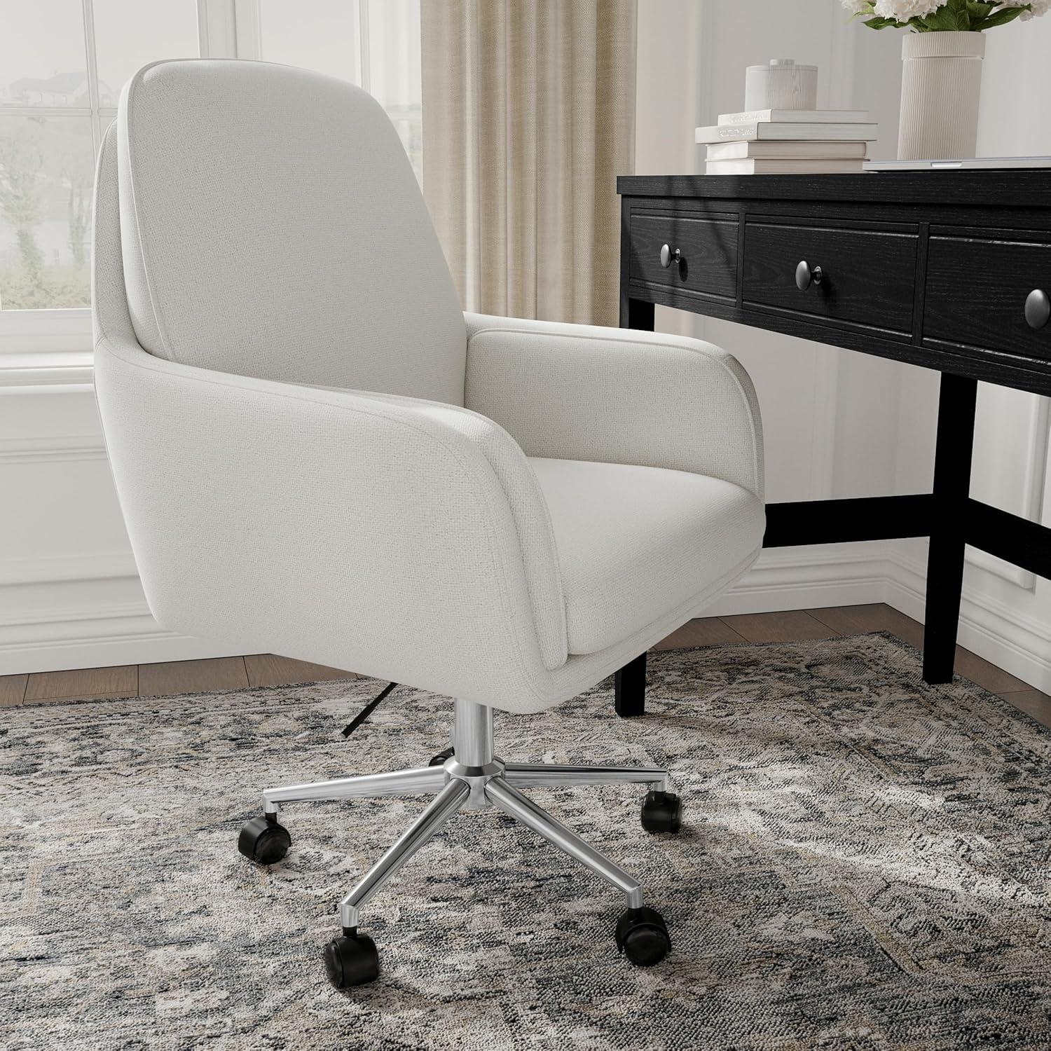 imageMartha Stewart Clara Swivel Task Chair with Double Cushions for Home Office in Off White Boucle with Polished Brass FrameBedford Gray FabricPolished Nickel Frame