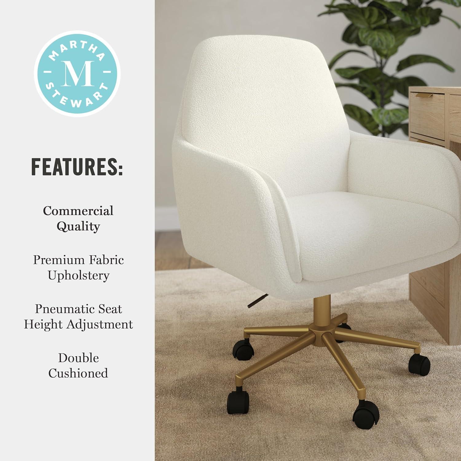 imageMartha Stewart Clara Swivel Task Chair with Double Cushions for Home Office in Off White Boucle with Polished Brass FrameOff White BouclePolished Brass Frame