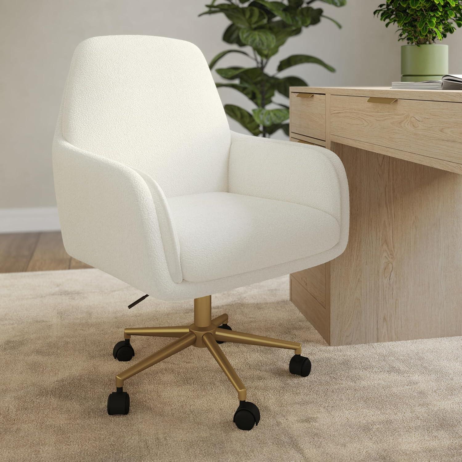 imageMartha Stewart Clara Swivel Task Chair with Double Cushions for Home Office in Off White Boucle with Polished Brass FrameOff White BouclePolished Brass Frame