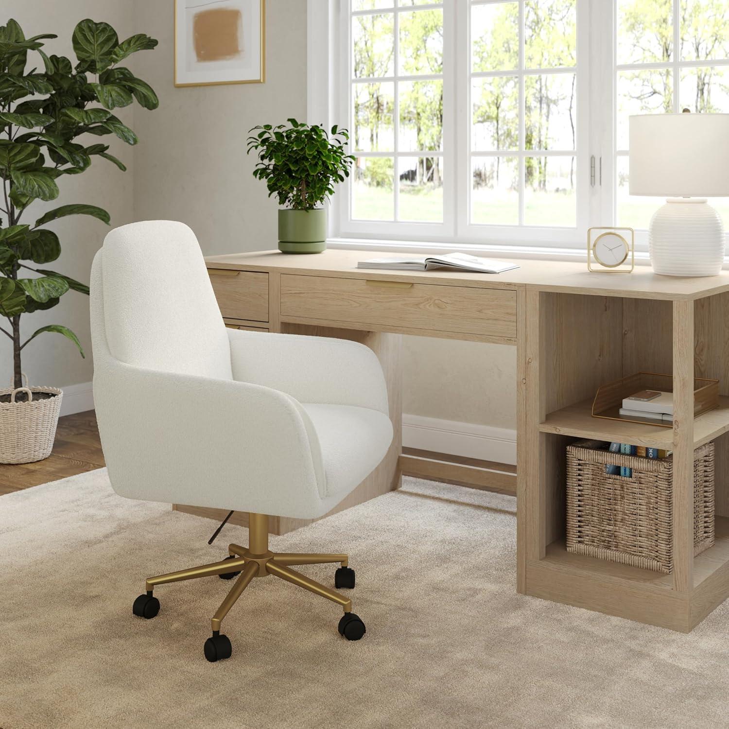 imageMartha Stewart Clara Swivel Task Chair with Double Cushions for Home Office in Off White Boucle with Polished Brass FrameOff White BouclePolished Brass Frame