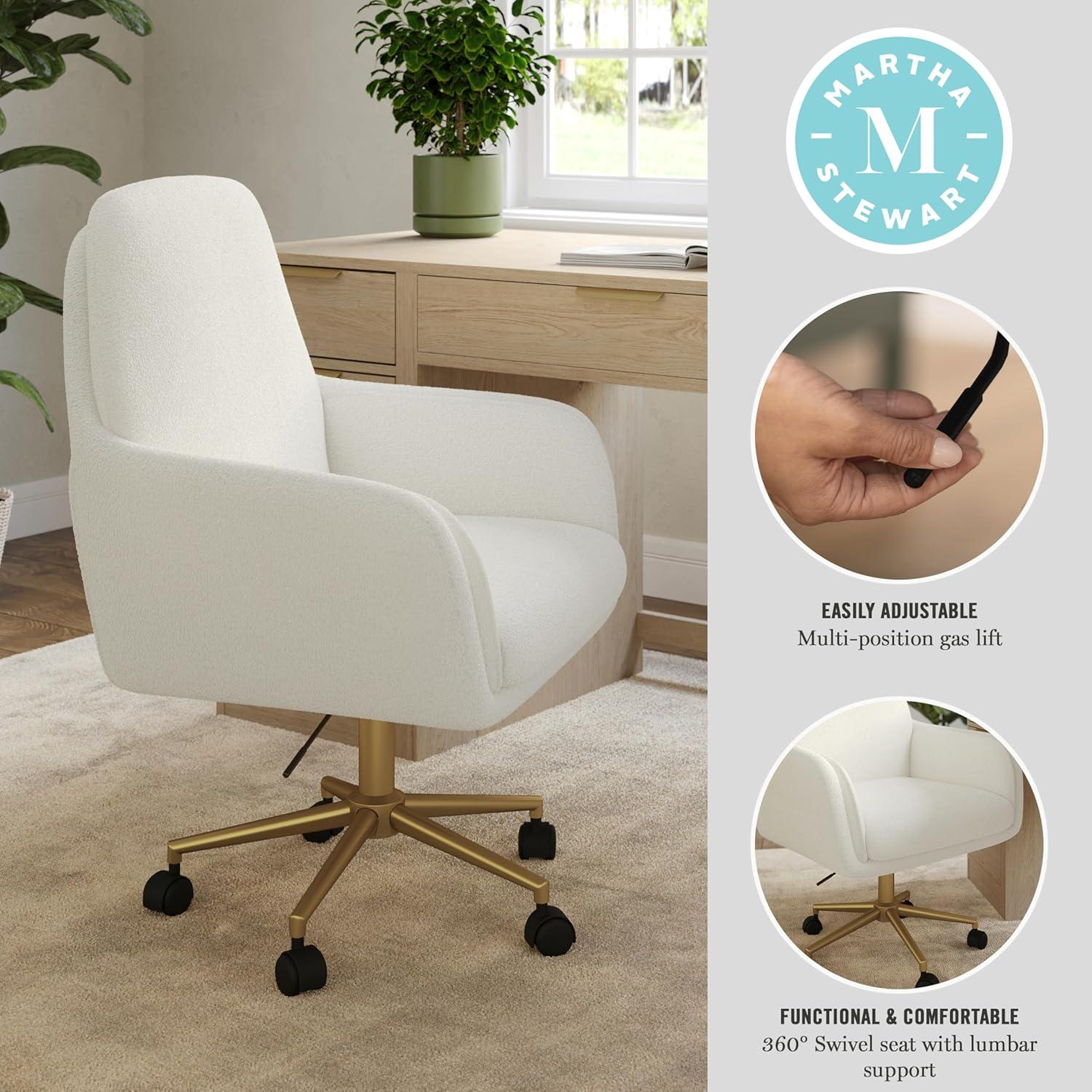 imageMartha Stewart Clara Swivel Task Chair with Double Cushions for Home Office in Off White Boucle with Polished Brass FrameOff White BouclePolished Brass Frame