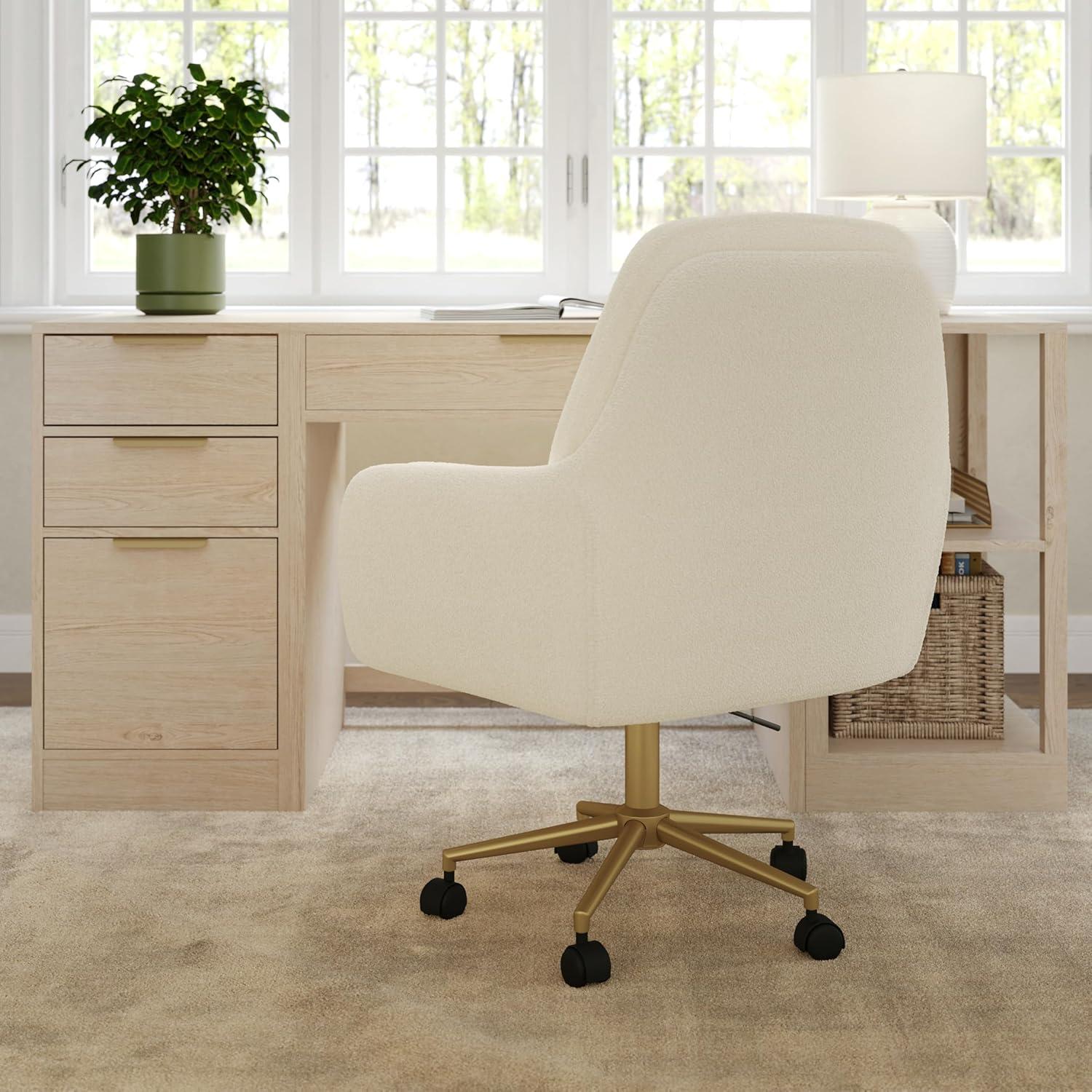 imageMartha Stewart Clara Swivel Task Chair with Double Cushions for Home Office in Off White Boucle with Polished Brass FrameOff White BouclePolished Brass Frame