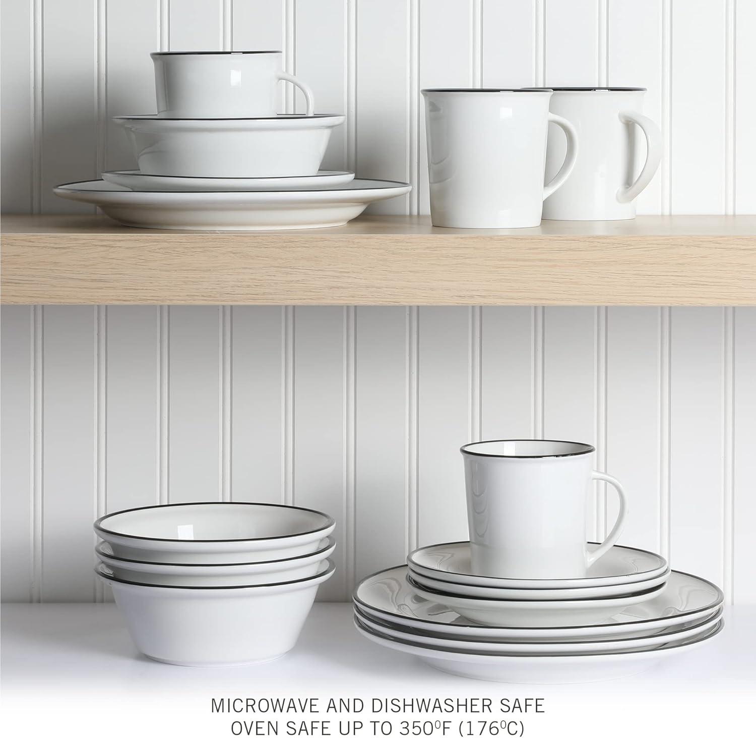 imageMartha Stewart Cliffield 16Piece Porcelain Chip and Scratch Resistant Dinnerware Set White wBlack RimWhite w Black Rim