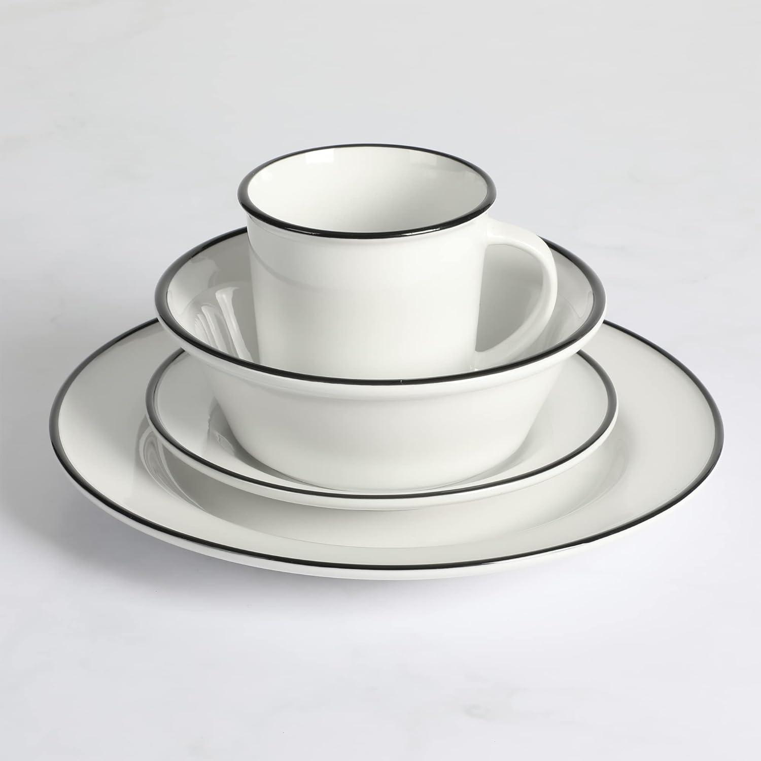 imageMartha Stewart Cliffield 16Piece Porcelain Chip and Scratch Resistant Dinnerware Set White wBlack RimWhite w Black Rim