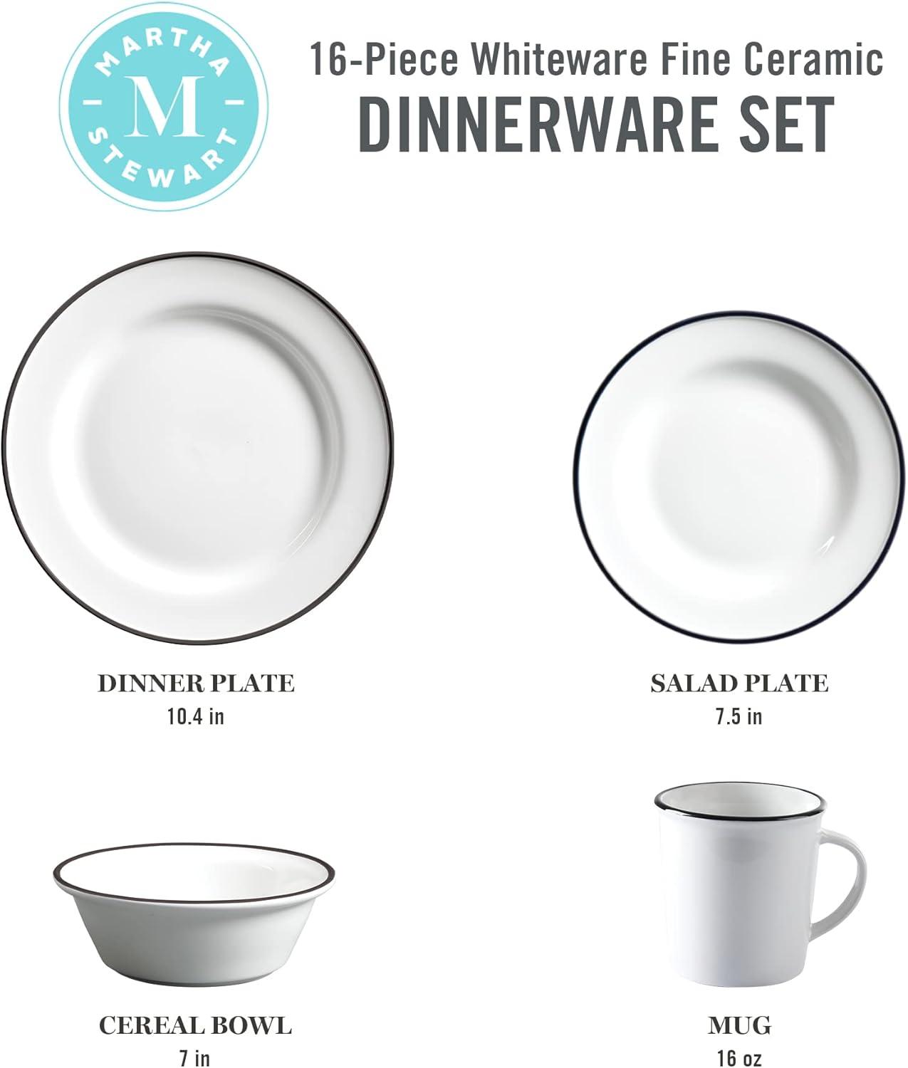 imageMartha Stewart Cliffield 16Piece Porcelain Chip and Scratch Resistant Dinnerware Set White wBlack RimWhite w Black Rim