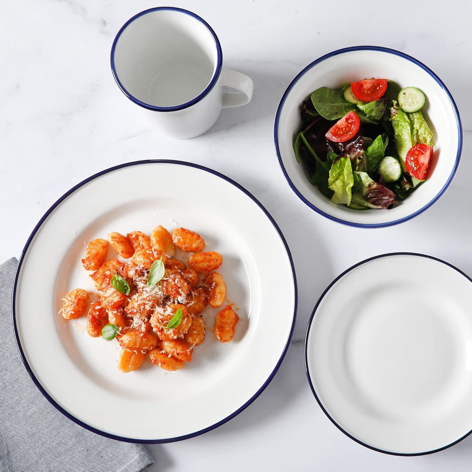 imageMartha Stewart Cliffield 16Piece Porcelain Chip and Scratch Resistant Dinnerware Set White wBlack RimWhite w Blue Rim