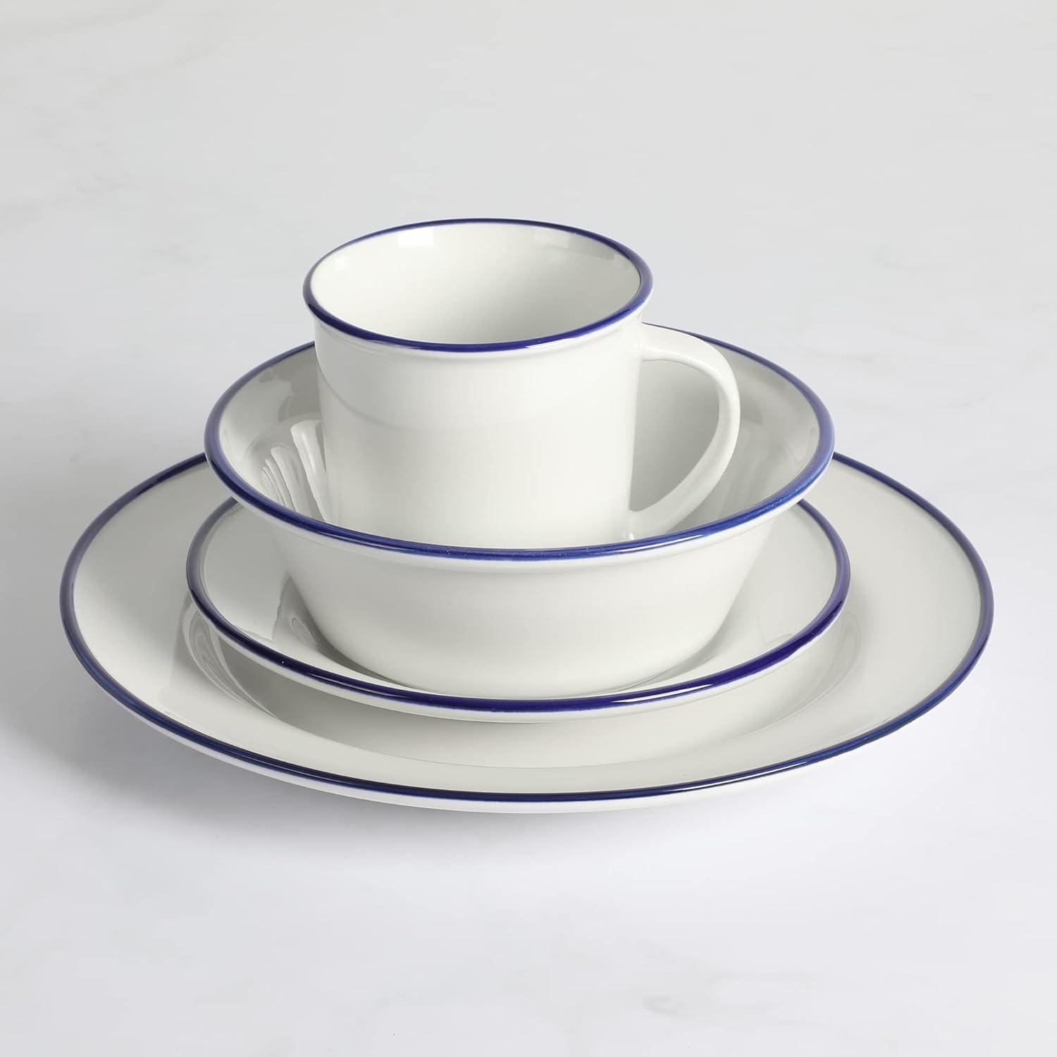 imageMartha Stewart Cliffield 16Piece Porcelain Chip and Scratch Resistant Dinnerware Set White wBlack RimWhite w Blue Rim