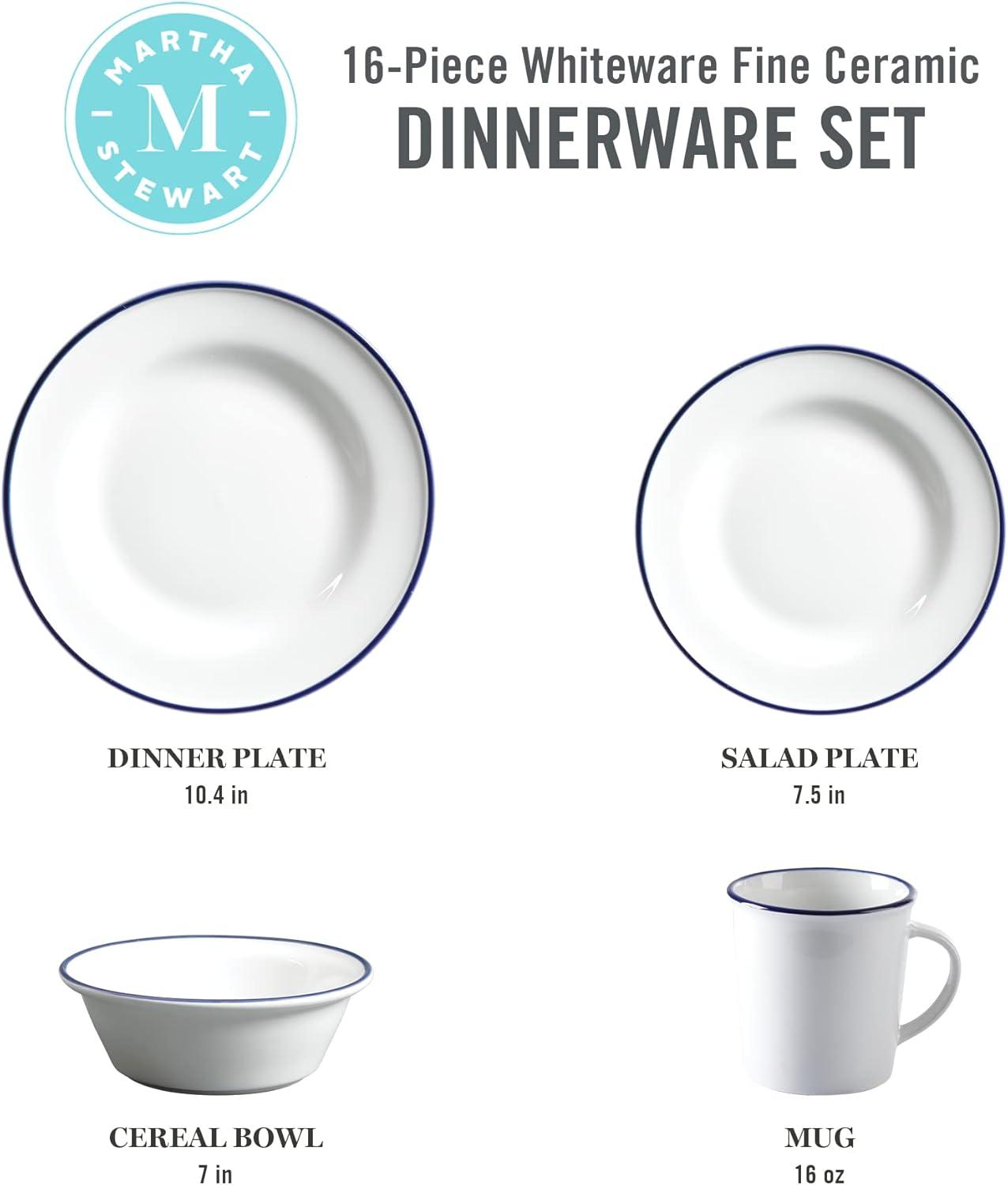 imageMartha Stewart Cliffield 16Piece Porcelain Chip and Scratch Resistant Dinnerware Set White wBlack RimWhite w Blue Rim
