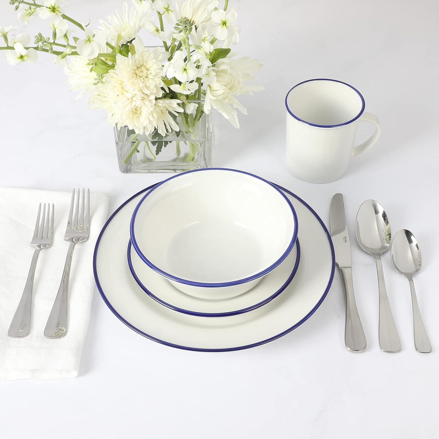 imageMartha Stewart Cliffield 16Piece Porcelain Chip and Scratch Resistant Dinnerware Set White wBlack RimWhite w Blue Rim