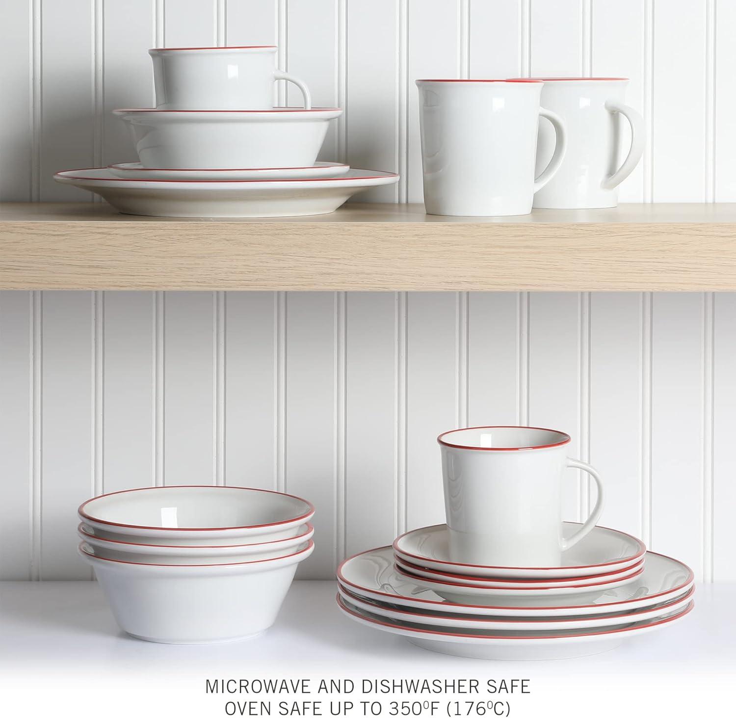 imageMartha Stewart Cliffield 16Piece Porcelain Chip and Scratch Resistant Dinnerware Set White wBlack RimWhite w Red Rim