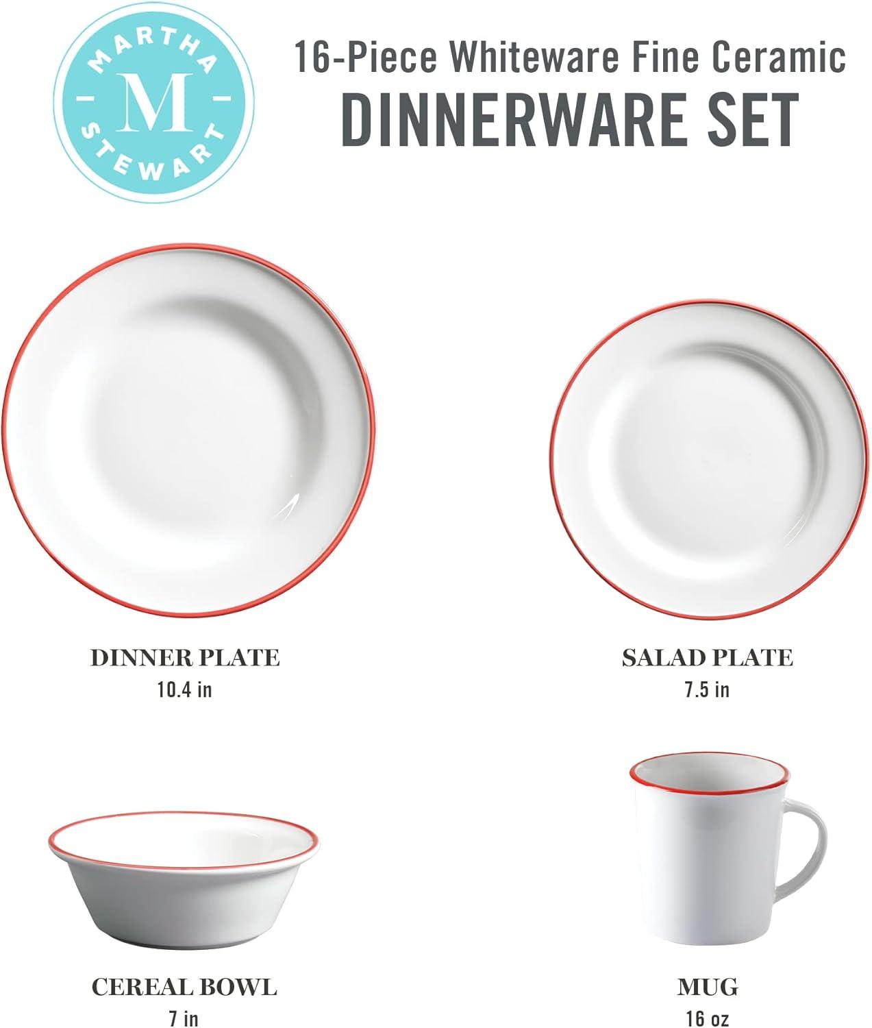 imageMartha Stewart Cliffield 16Piece Porcelain Chip and Scratch Resistant Dinnerware Set White wBlack RimWhite w Red Rim