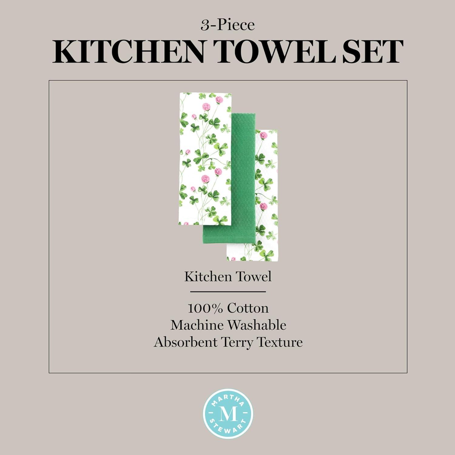 imageMartha Stewart Clover Meadow Kitchen Towel Set 3Pack Absorbent 100 Cotton St Patricks Day WhiteGreen 13quotx175quot