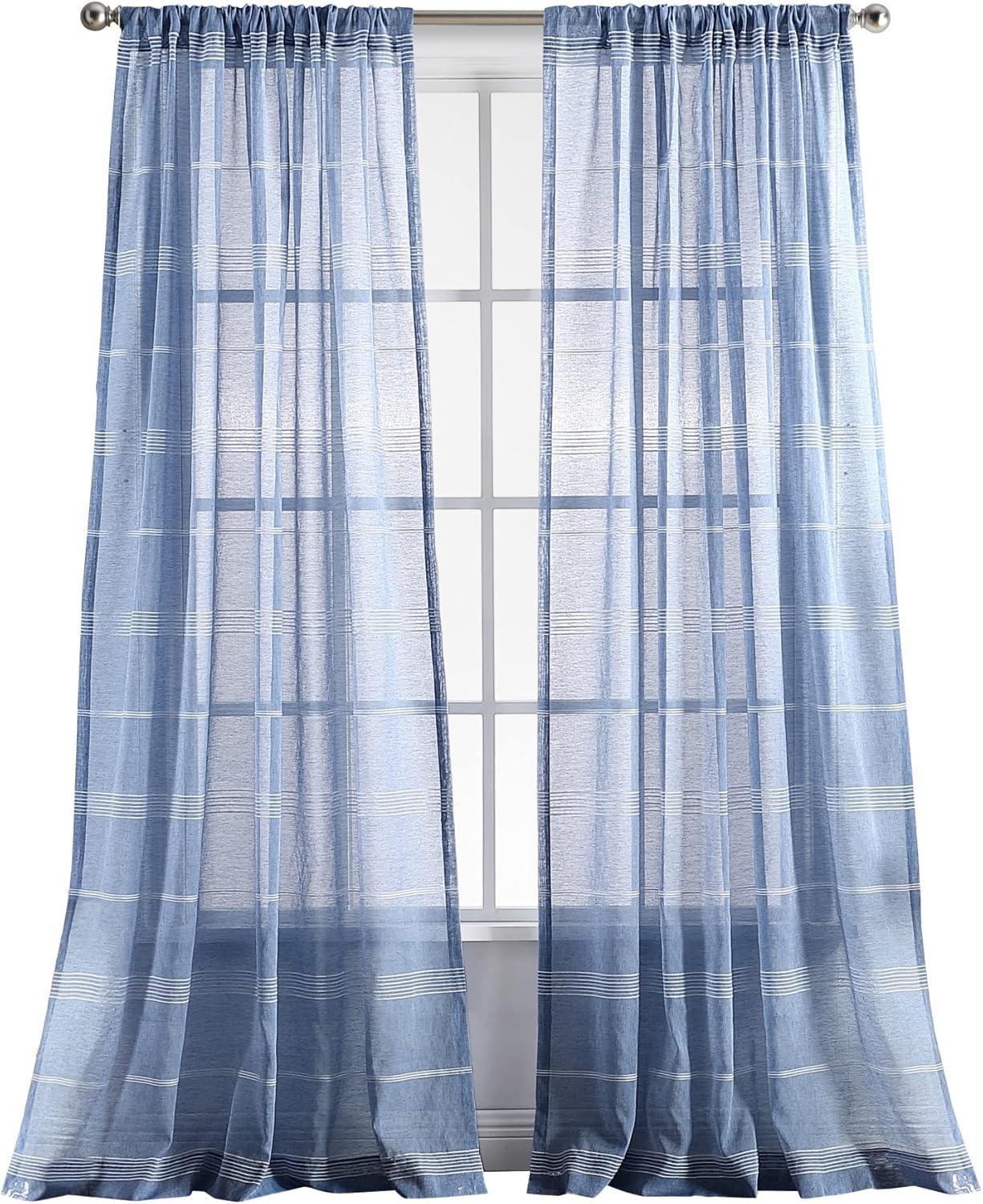imageMartha Stewart Delicate Stripe Sheer Rod Pocket Window Curtain Panel Pair for Living Room 84quot WhiteIndigo