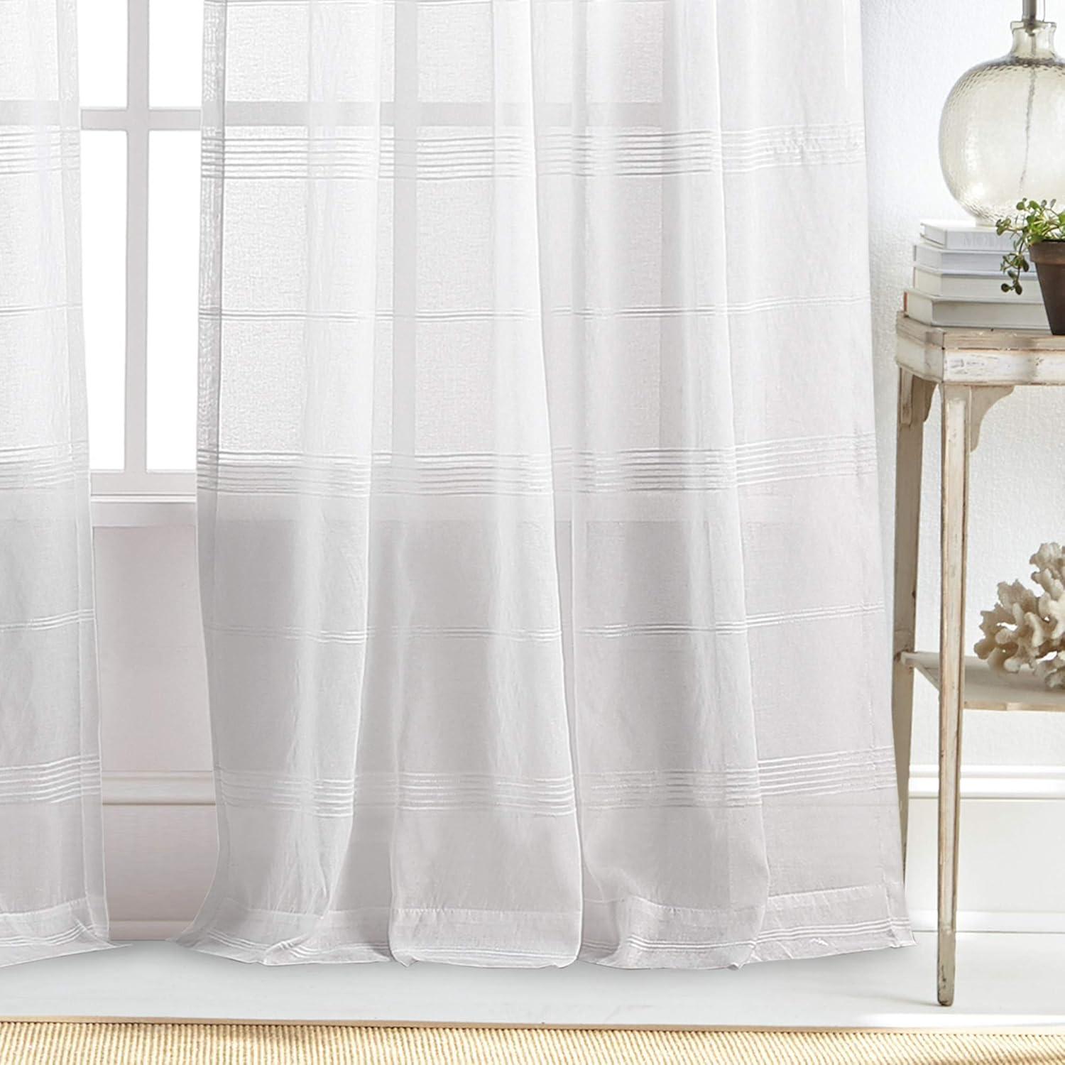 imageMartha Stewart Delicate Stripe Sheer Rod Pocket Window Curtain Panel Pair for Living Room 84quot WhiteWhite