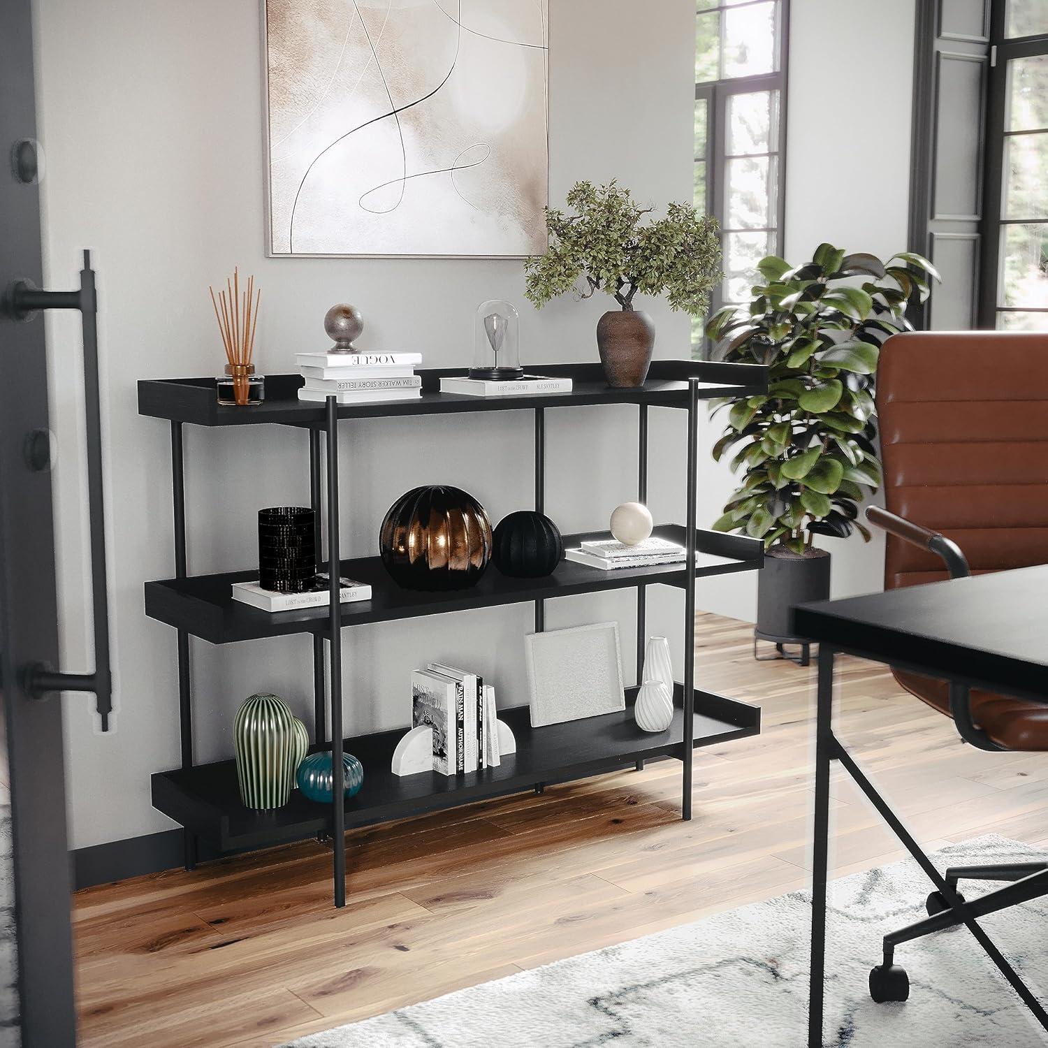 imageMartha Stewart Emmett 3 Shelf Bookcase with Vertical Metal Frame Home Office Storage Display Unit 35quot H Walnut Wood GrainPolished BrassBlack Wood GrainOil Rubbed Bronze Frame