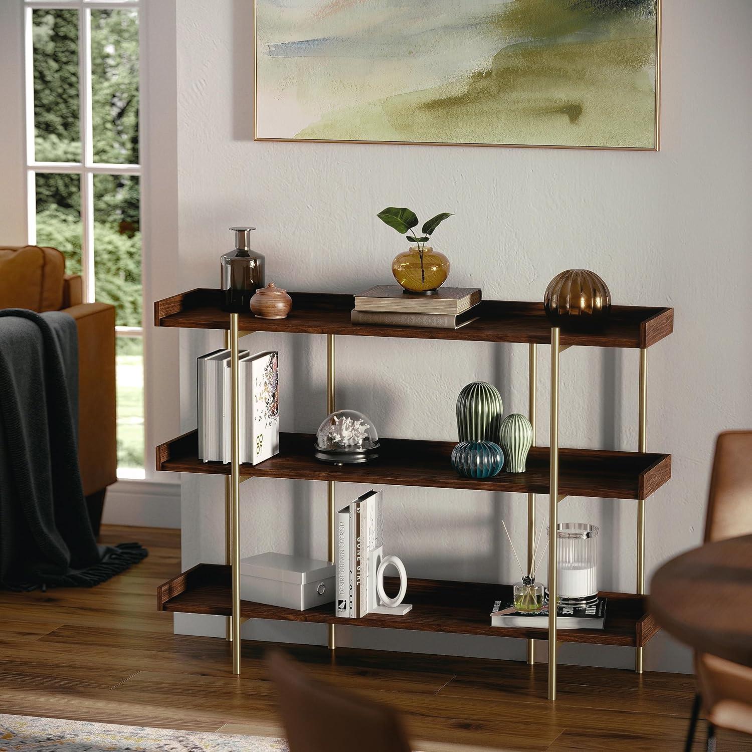 imageMartha Stewart Emmett 3 Shelf Bookcase with Vertical Metal Frame Home Office Storage Display Unit 35quot H Walnut Wood GrainPolished BrassWalnut Wood GrainPolished Brass Frame