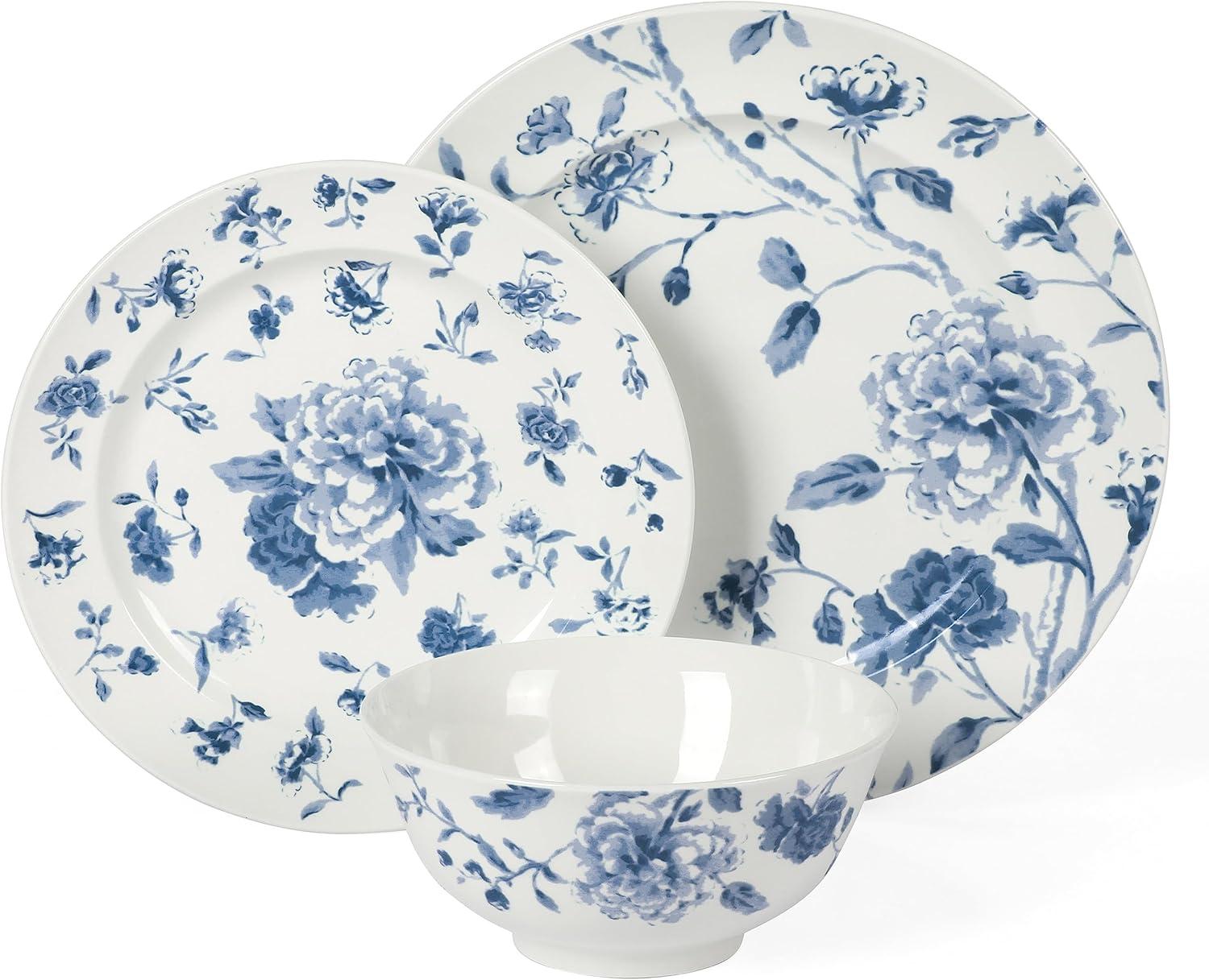 imageMartha Stewart Empress Bouquet 12Piece Decorated Porcelain Chip and Scratch Resistant Dinnerware Plates and Bowls Set Blue FloralBlue Floral