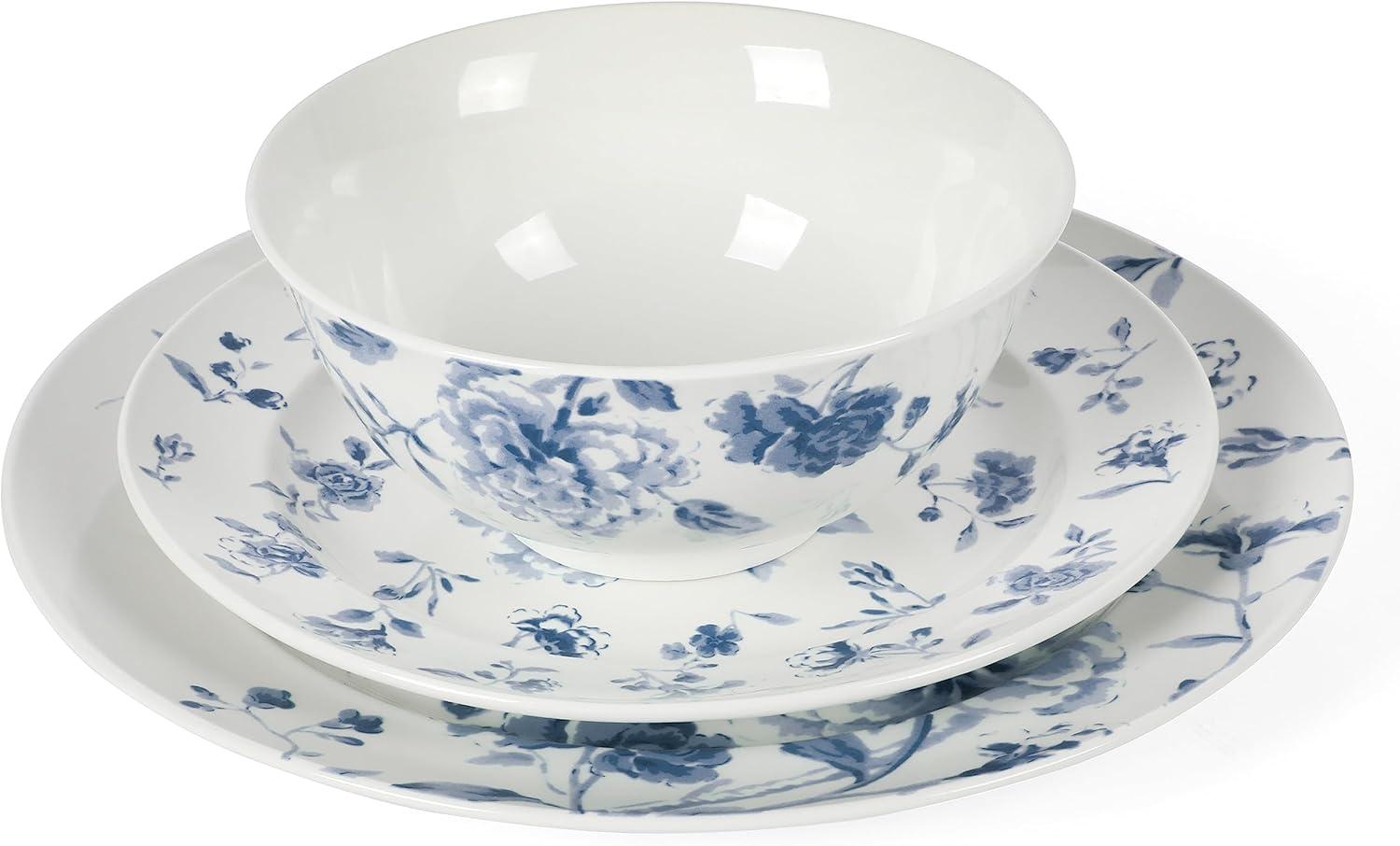 imageMartha Stewart Empress Bouquet 12Piece Decorated Porcelain Chip and Scratch Resistant Dinnerware Plates and Bowls Set Blue FloralBlue Floral