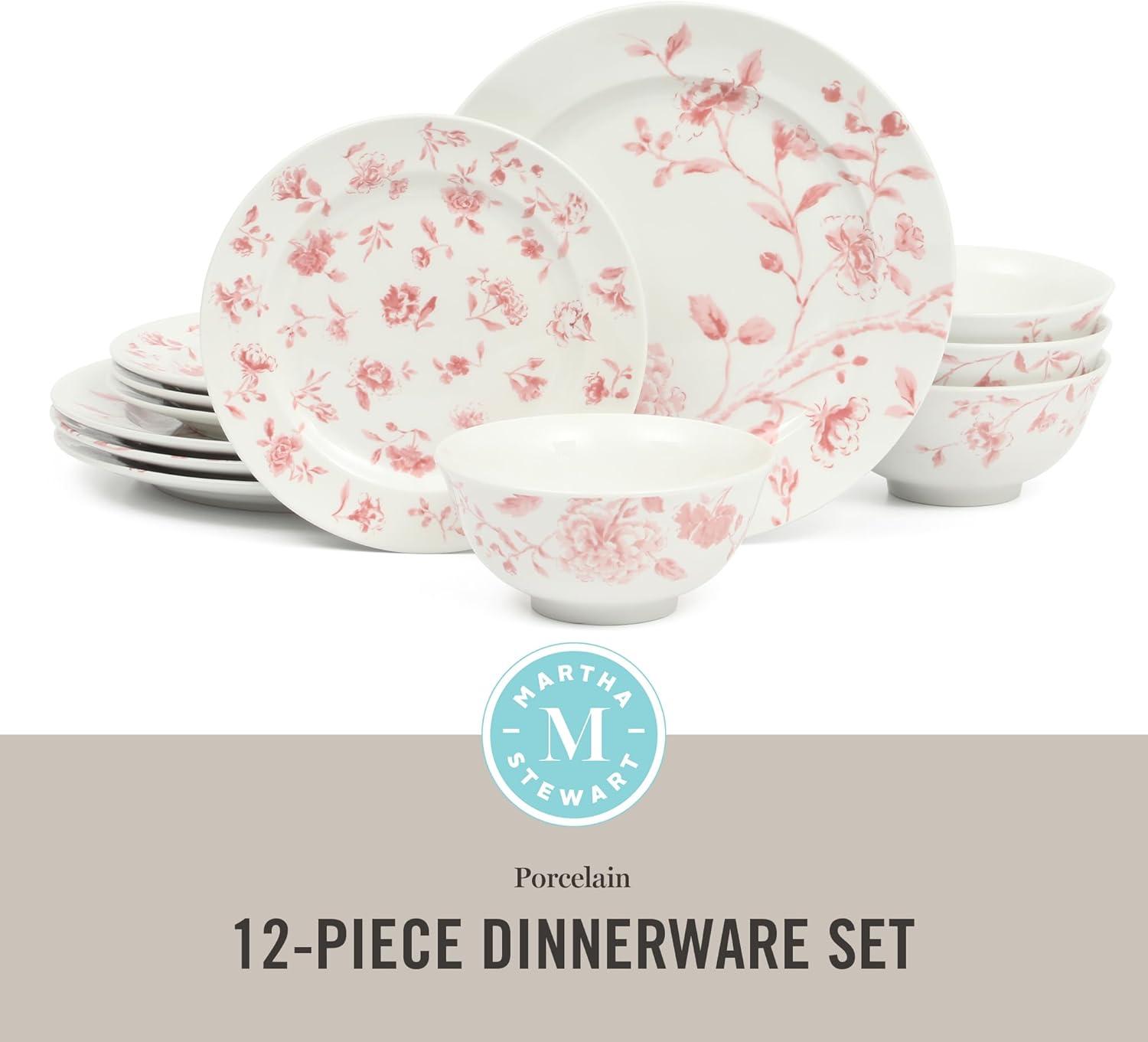 imageMartha Stewart Empress Bouquet 12Piece Decorated Porcelain Chip and Scratch Resistant Dinnerware Plates and Bowls Set Blue FloralPink Floral