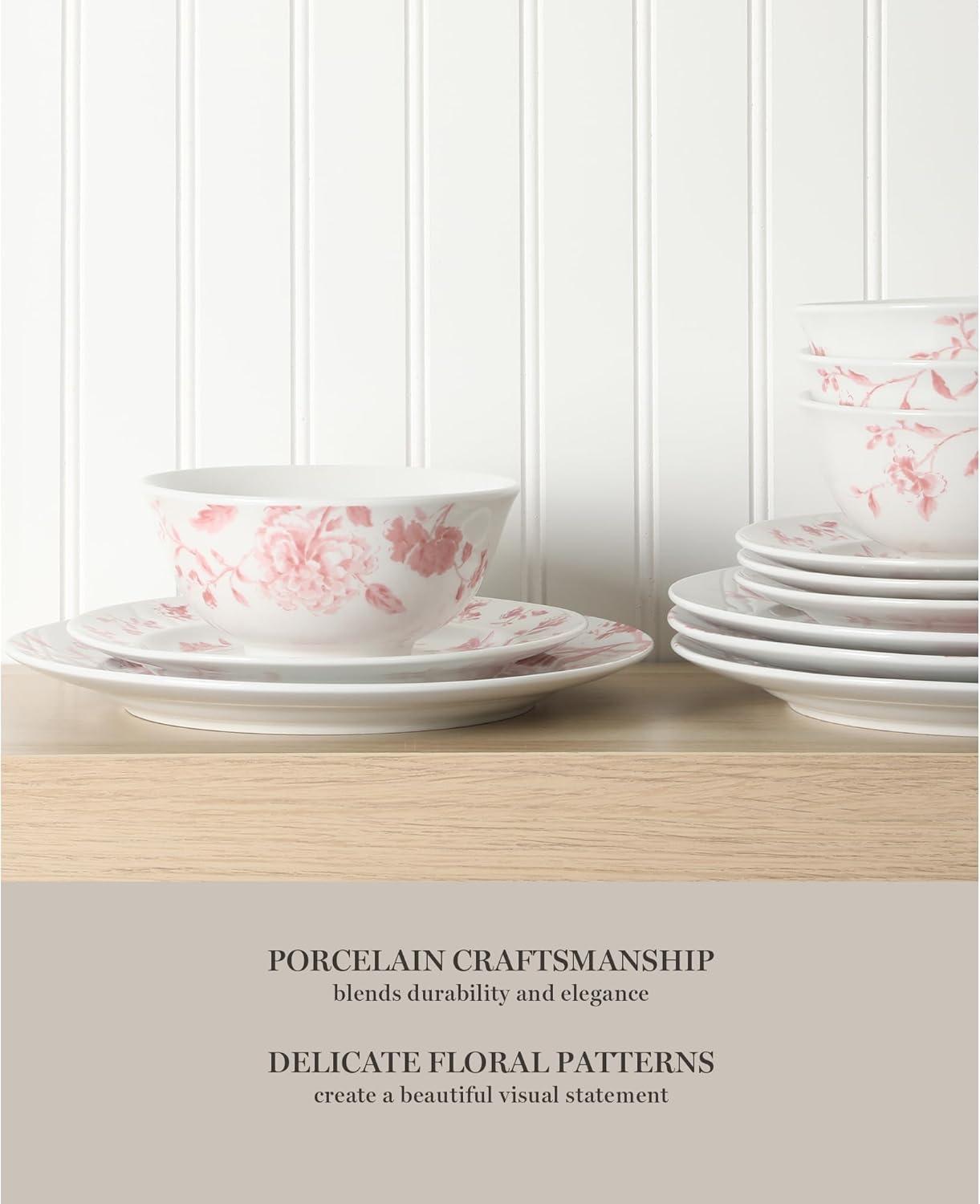 imageMartha Stewart Empress Bouquet 12Piece Decorated Porcelain Chip and Scratch Resistant Dinnerware Plates and Bowls Set Blue FloralPink Floral