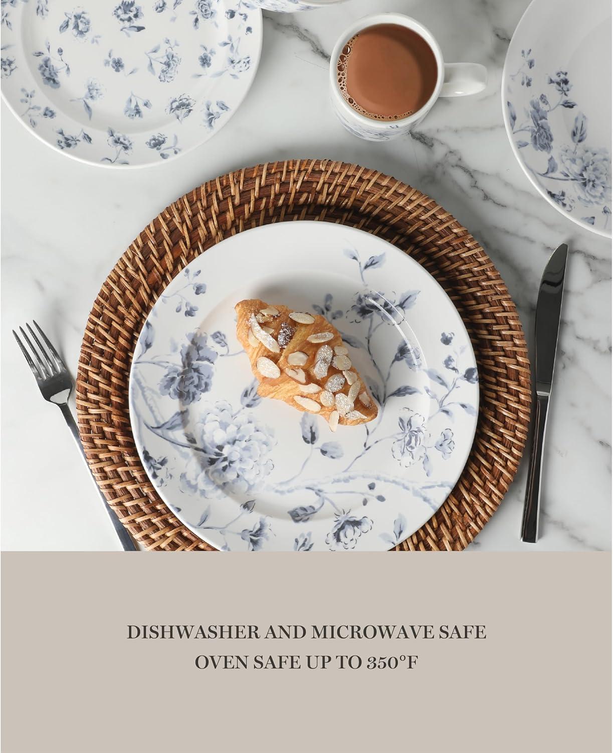 imageMartha Stewart Empress Bouquet Decorated Porcelain Dinnerware Plates and Bowls Set Blue Floral Service for 6 30pcsBlue Floral