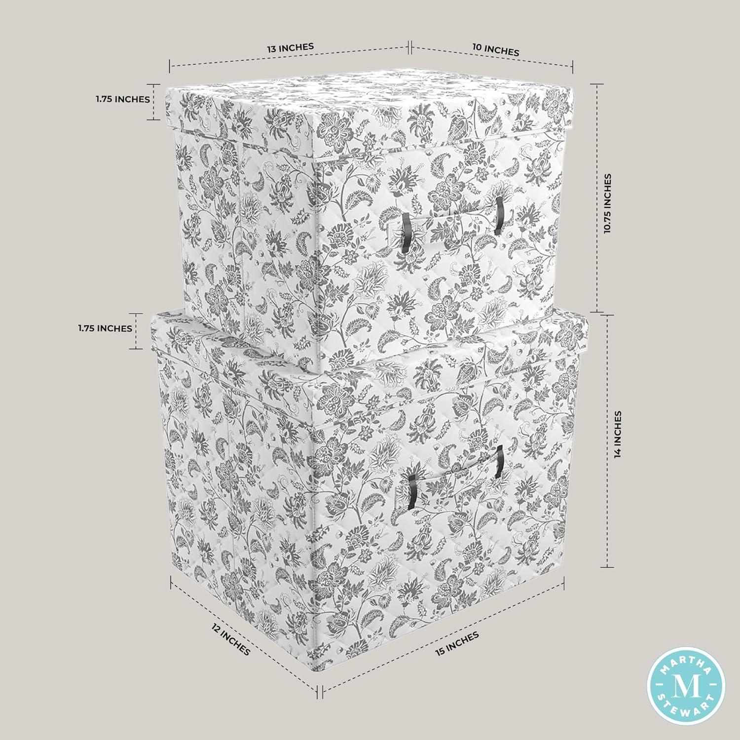 imageMartha Stewart Essential Collapsible Stackable Decorative Home Storage Organization With Lidded Tops Set of 2 Nesting Boxes with Lids GreyBedford Floral