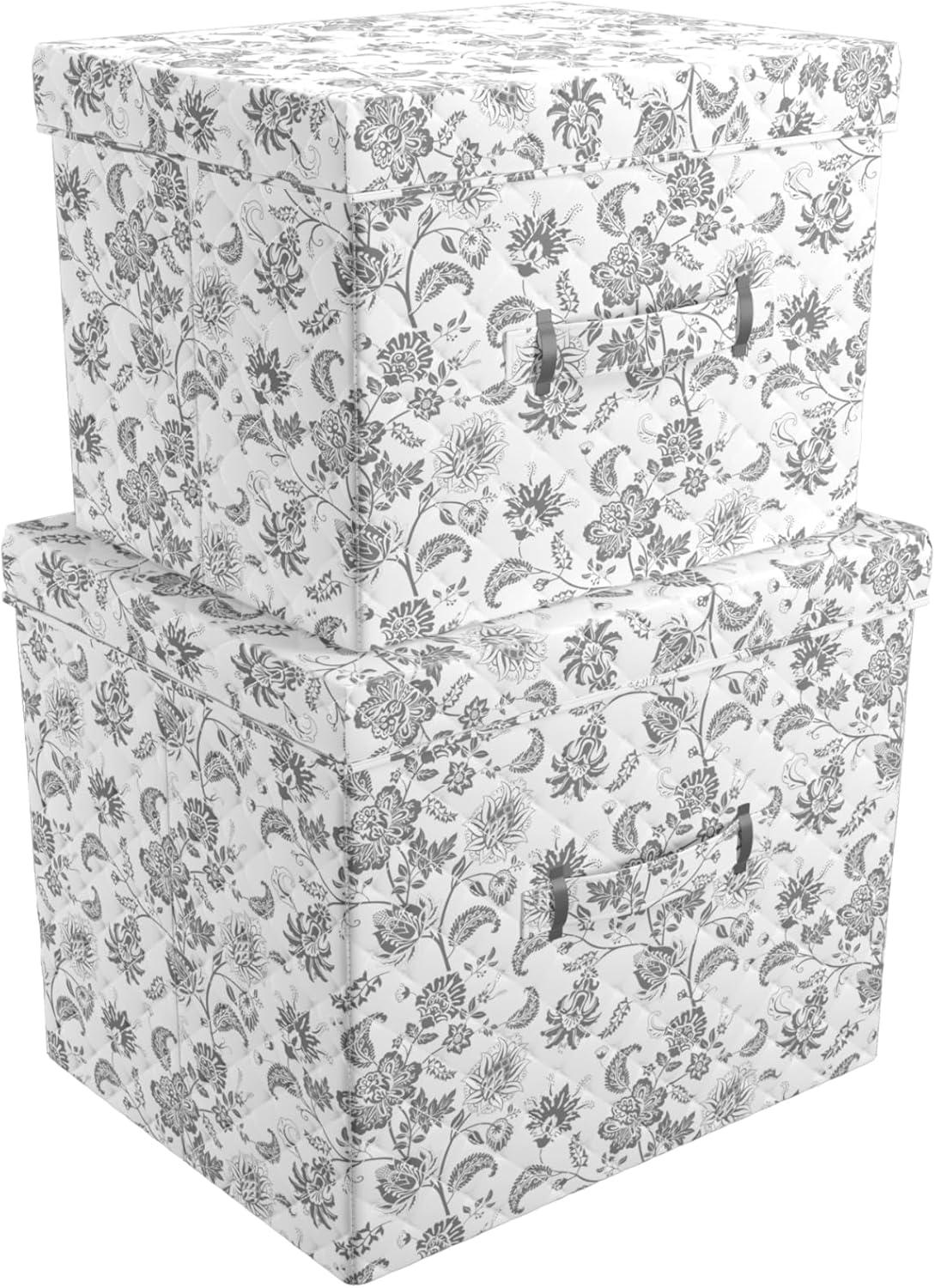 imageMartha Stewart Essential Collapsible Stackable Decorative Home Storage Organization With Lidded Tops Set of 2 Nesting Boxes with Lids GreyBedford Floral