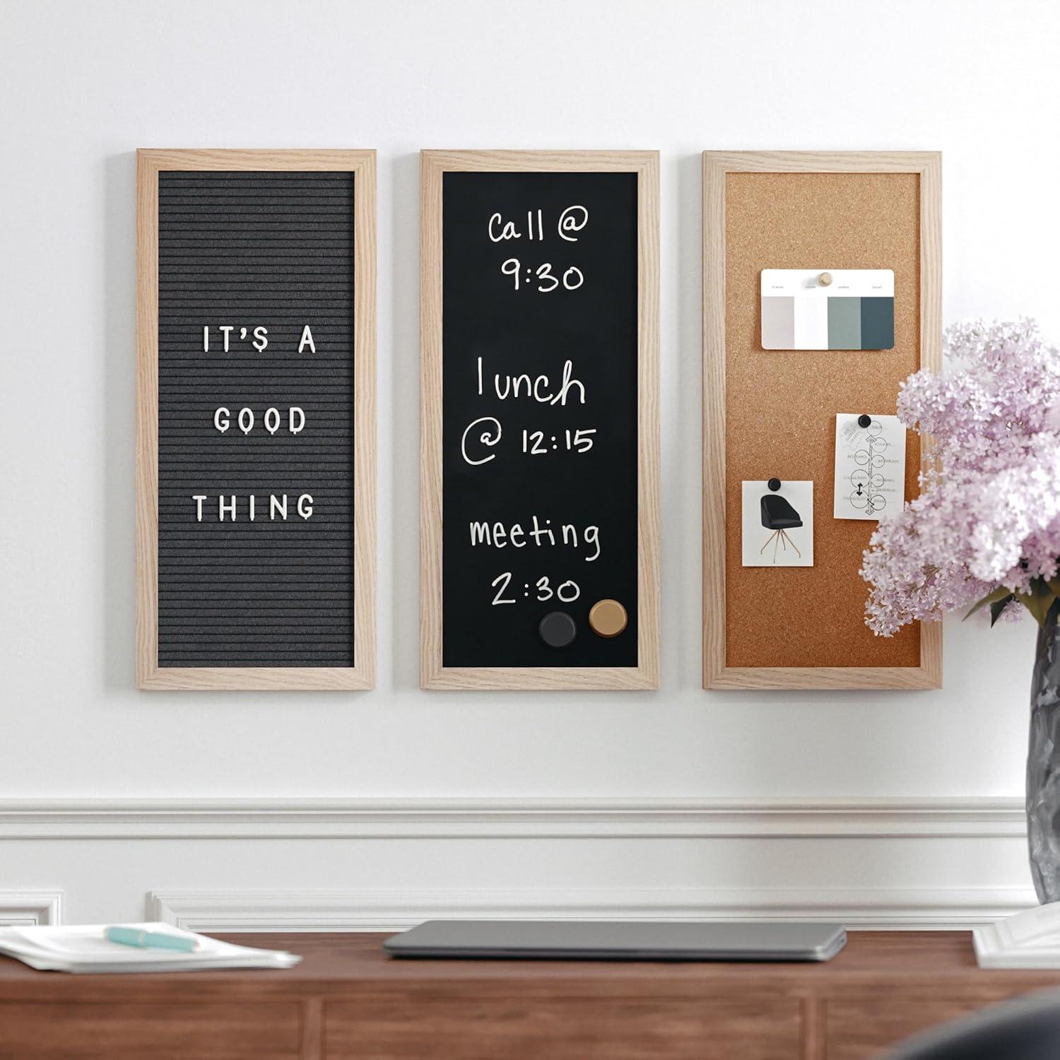 imageMartha Stewart Everette Cork Board Chalk Board Letter Board Set with Included Push Pins Magnets Liquid Chalk Letters 18quot x 24quot Black Woodgrain FrameLight Natural Woodgrain