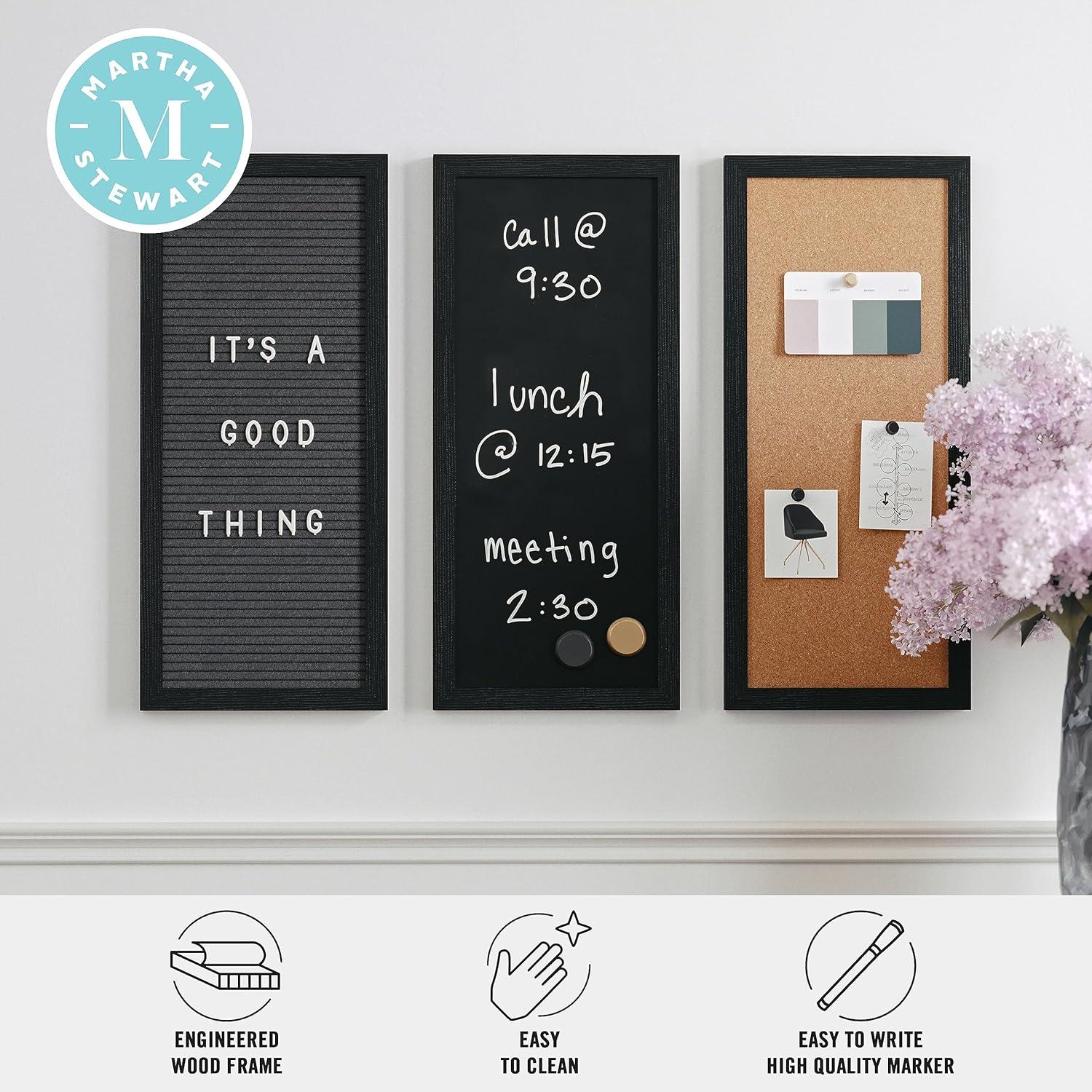 imageMartha Stewart Everette Cork Board Chalk Board Letter Board Set with Included Push Pins Magnets Liquid Chalk Letters 18quot x 24quot Black Woodgrain FrameBlack Woodgrain