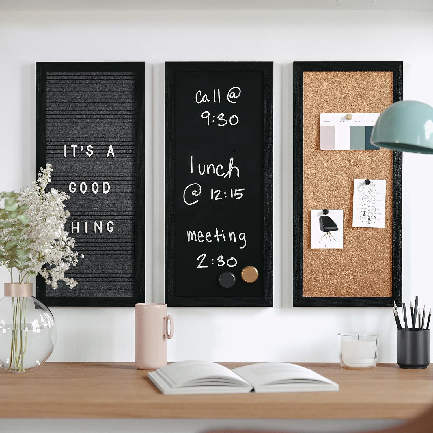 imageMartha Stewart Everette Cork Board Chalk Board Letter Board Set with Included Push Pins Magnets Liquid Chalk Letters 18quot x 24quot Black Woodgrain FrameBlack Woodgrain