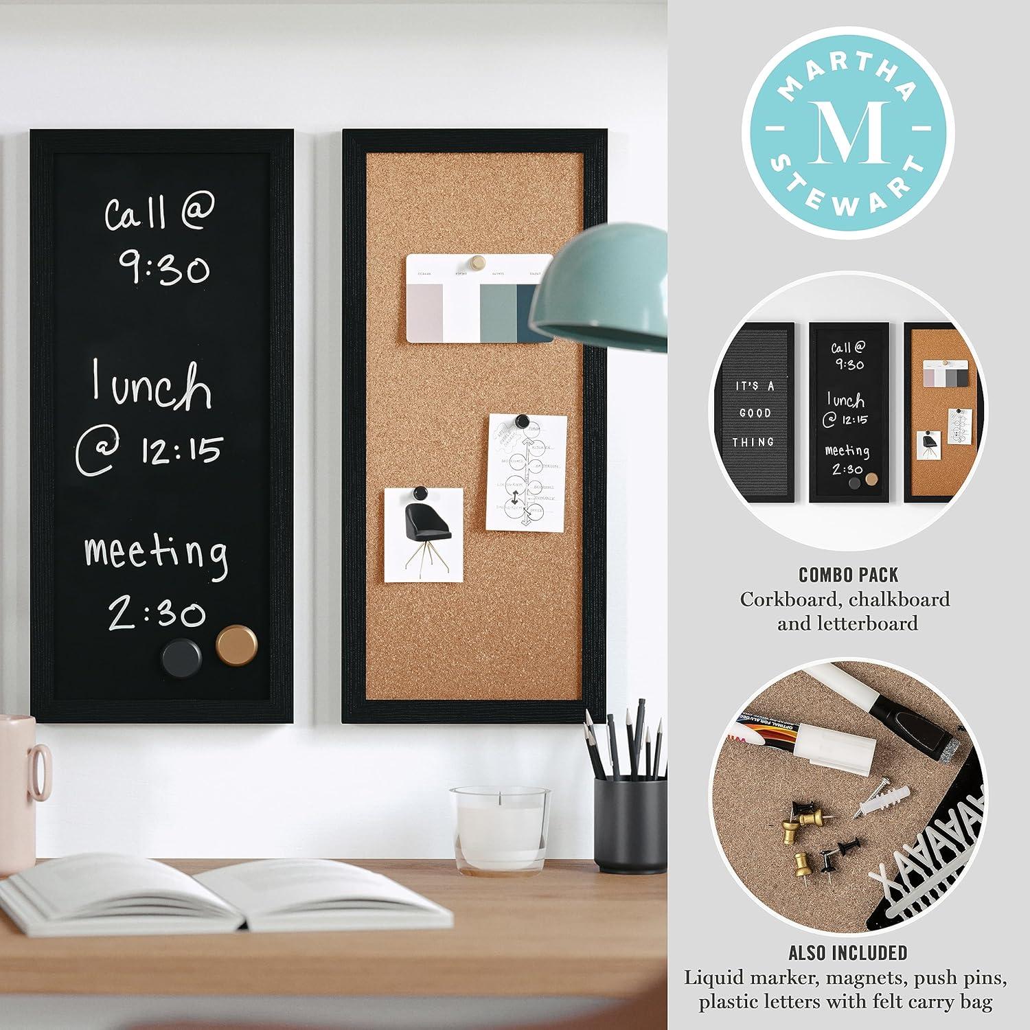 imageMartha Stewart Everette Cork Board Chalk Board Letter Board Set with Included Push Pins Magnets Liquid Chalk Letters 18quot x 24quot Black Woodgrain FrameBlack Woodgrain