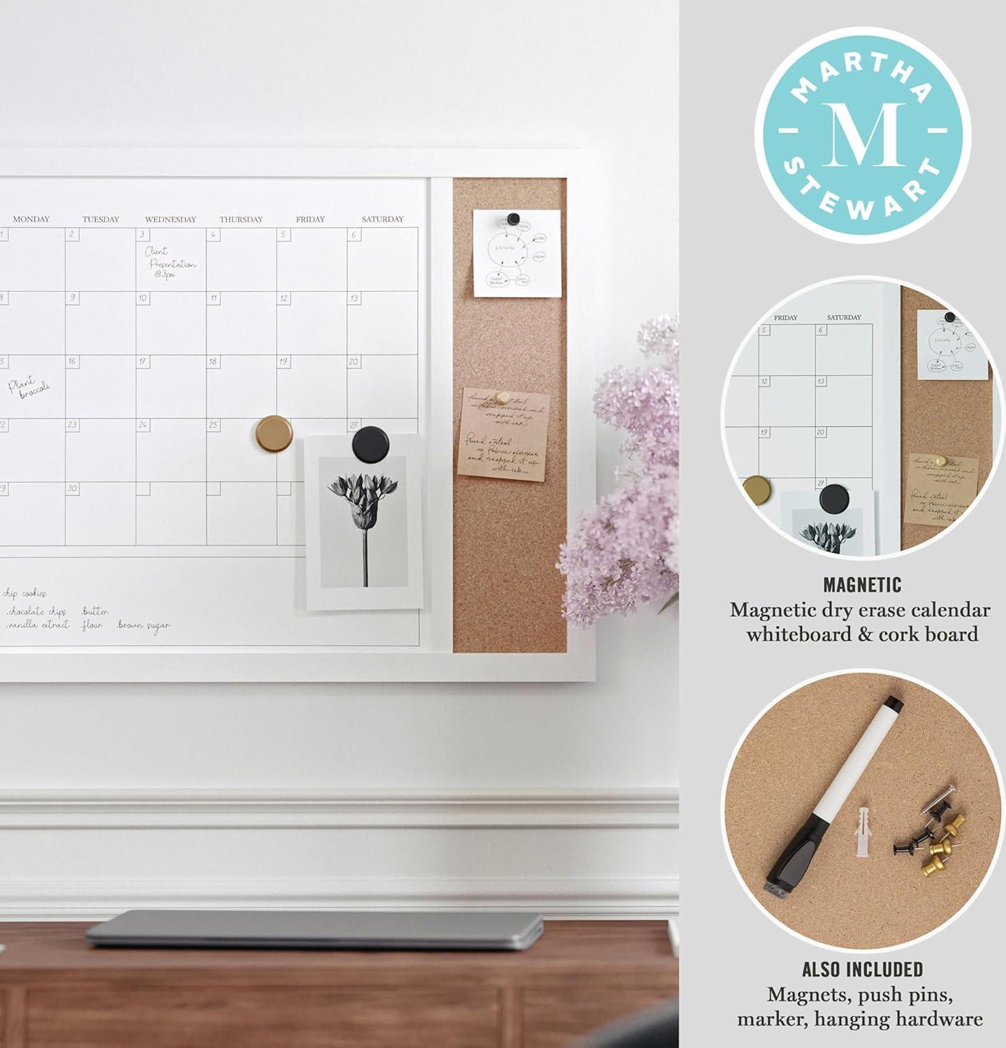 imageMartha Stewart Everette Magnetic Dry Erase Monthly Calendar and Cork Board Combo with Included Marker Magnets Push Pins 24quotx18quot Light Natural Woodgrain FrameBlack Woodgrain