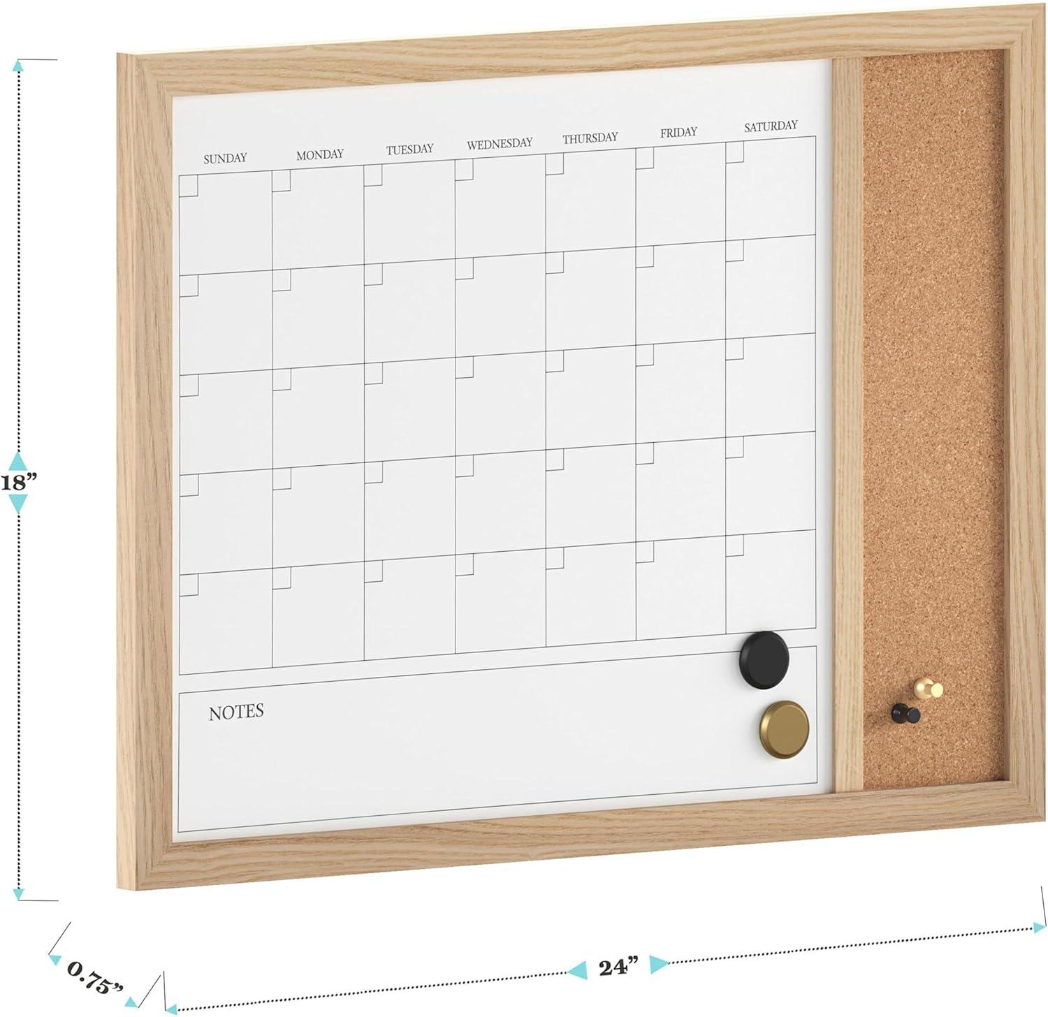 imageMartha Stewart Everette Magnetic Dry Erase Monthly Calendar and Cork Board Combo with Included Marker Magnets Push Pins 24quotx18quot Light Natural Woodgrain FrameLight Natural Woodgrain