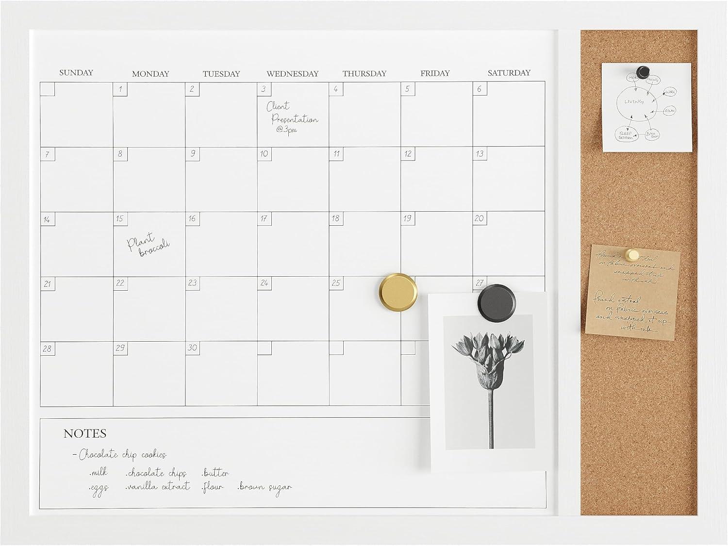 imageMartha Stewart Everette Magnetic Dry Erase Monthly Calendar and Cork Board Combo with Included Marker Magnets Push Pins 24quotx18quot Light Natural Woodgrain FrameWhite Woodgrain
