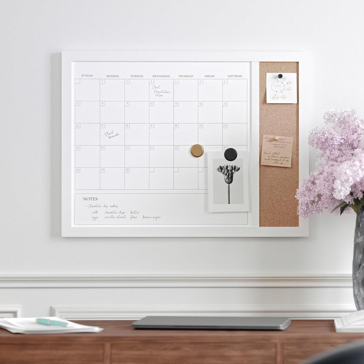 imageMartha Stewart Everette Magnetic Dry Erase Monthly Calendar and Cork Board Combo with Included Marker Magnets Push Pins 24quotx18quot Light Natural Woodgrain FrameBlack Woodgrain