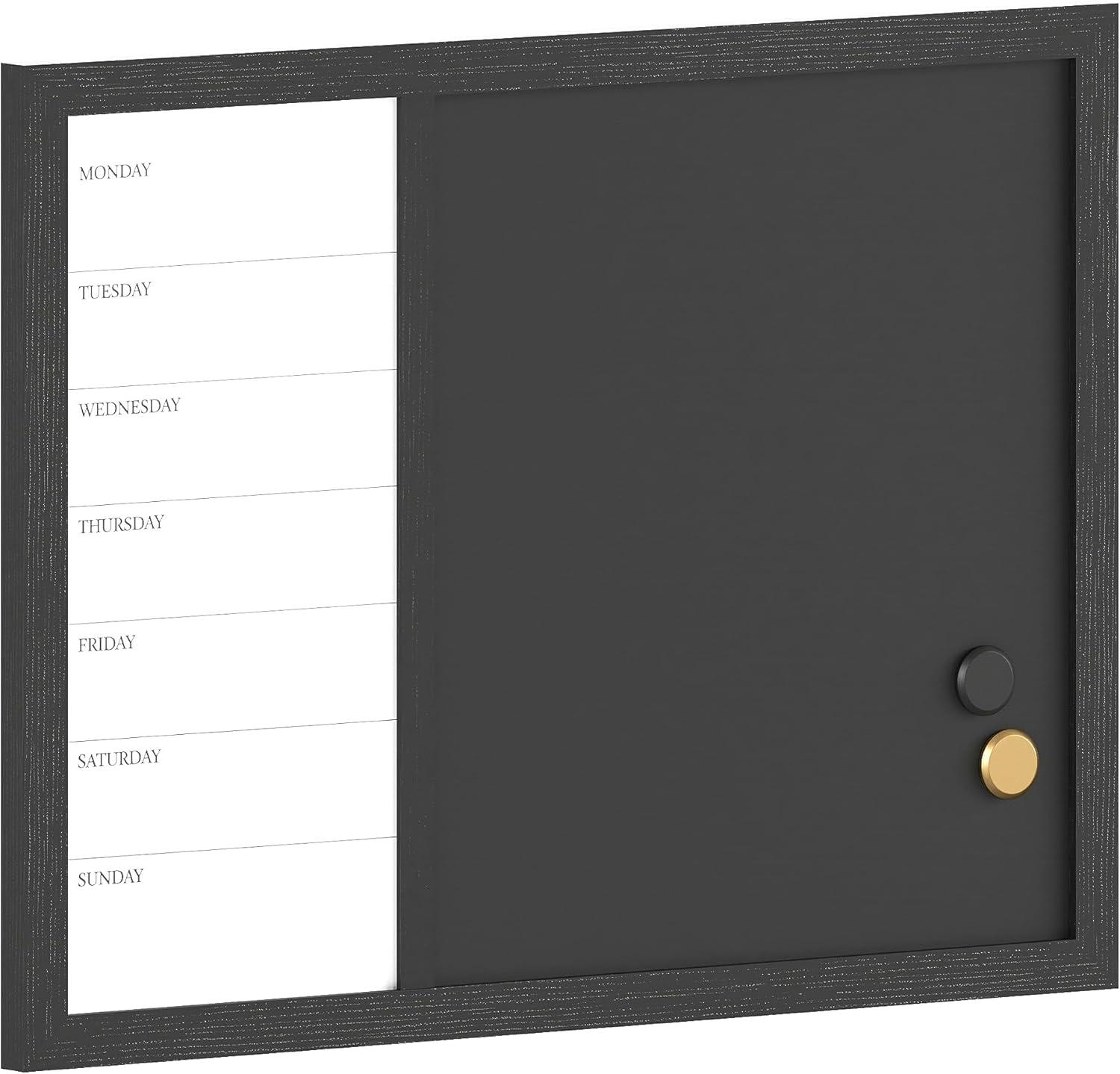 imageMartha Stewart Everette Magnetic Weekly Calendar Dry Erase Board and Chalk Board with Liquid Chalk Marker and Magnets 24quotx18quot Black Woodgrain FrameBlack Woodgrain