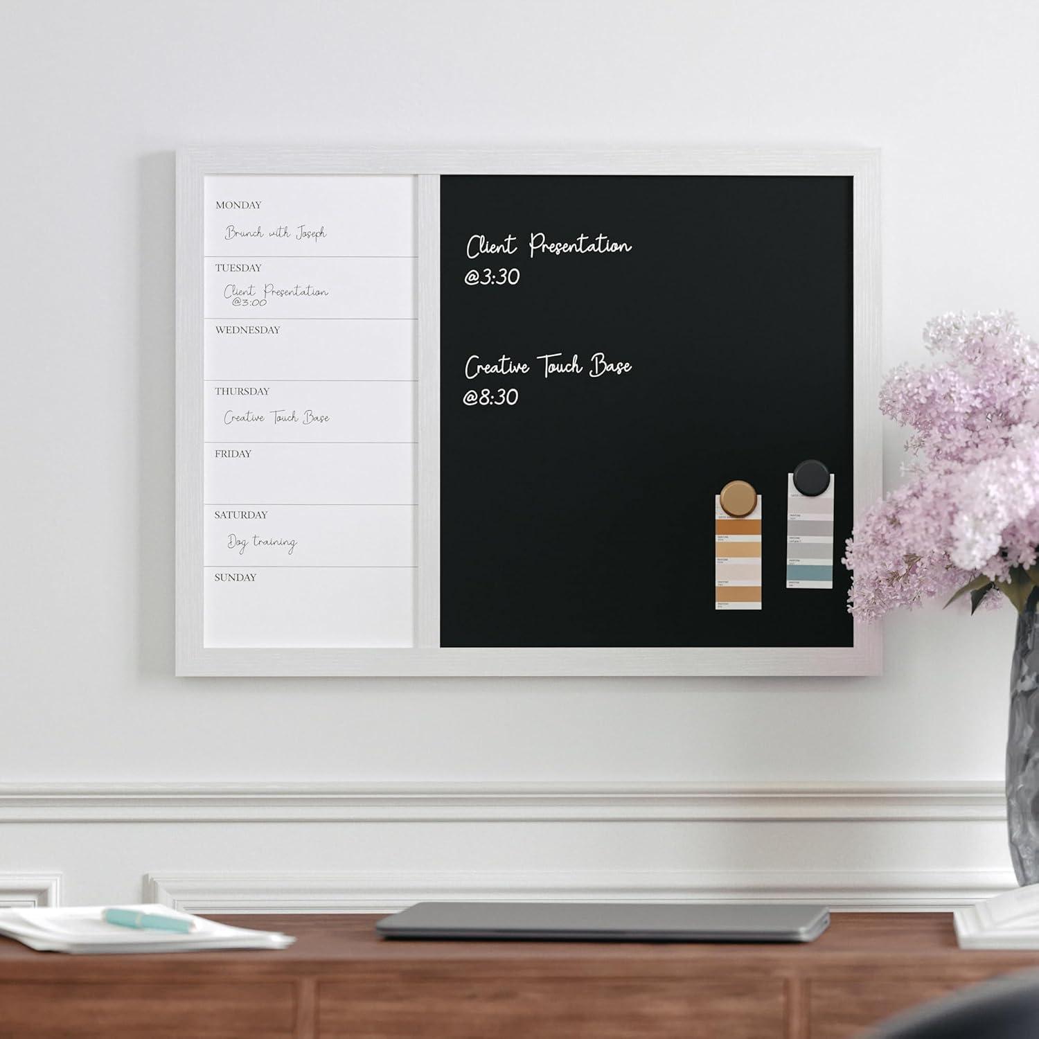 imageMartha Stewart Everette Magnetic Weekly Calendar Dry Erase Board and Chalk Board with Liquid Chalk Marker and Magnets 24quotx18quot Black Woodgrain FrameBlack Woodgrain