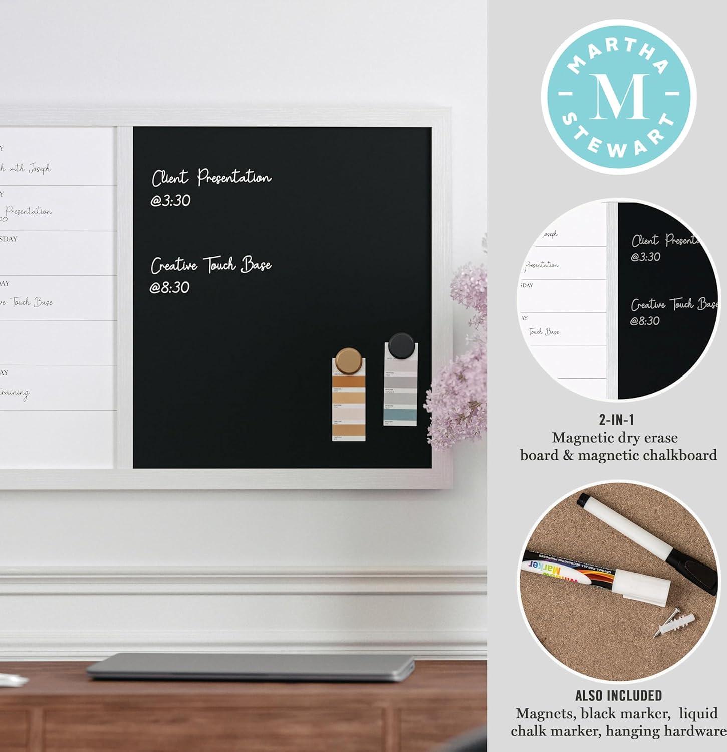 imageMartha Stewart Everette Magnetic Weekly Calendar Dry Erase Board and Chalk Board with Liquid Chalk Marker and Magnets 24quotx18quot Black Woodgrain FrameBlack Woodgrain
