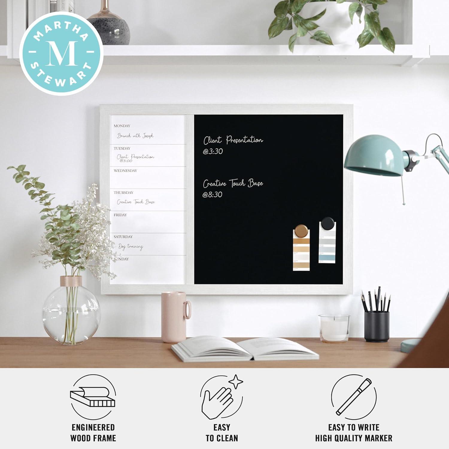 imageMartha Stewart Everette Magnetic Weekly Calendar Dry Erase Board and Chalk Board with Liquid Chalk Marker and Magnets 24quotx18quot Black Woodgrain FrameBlack Woodgrain