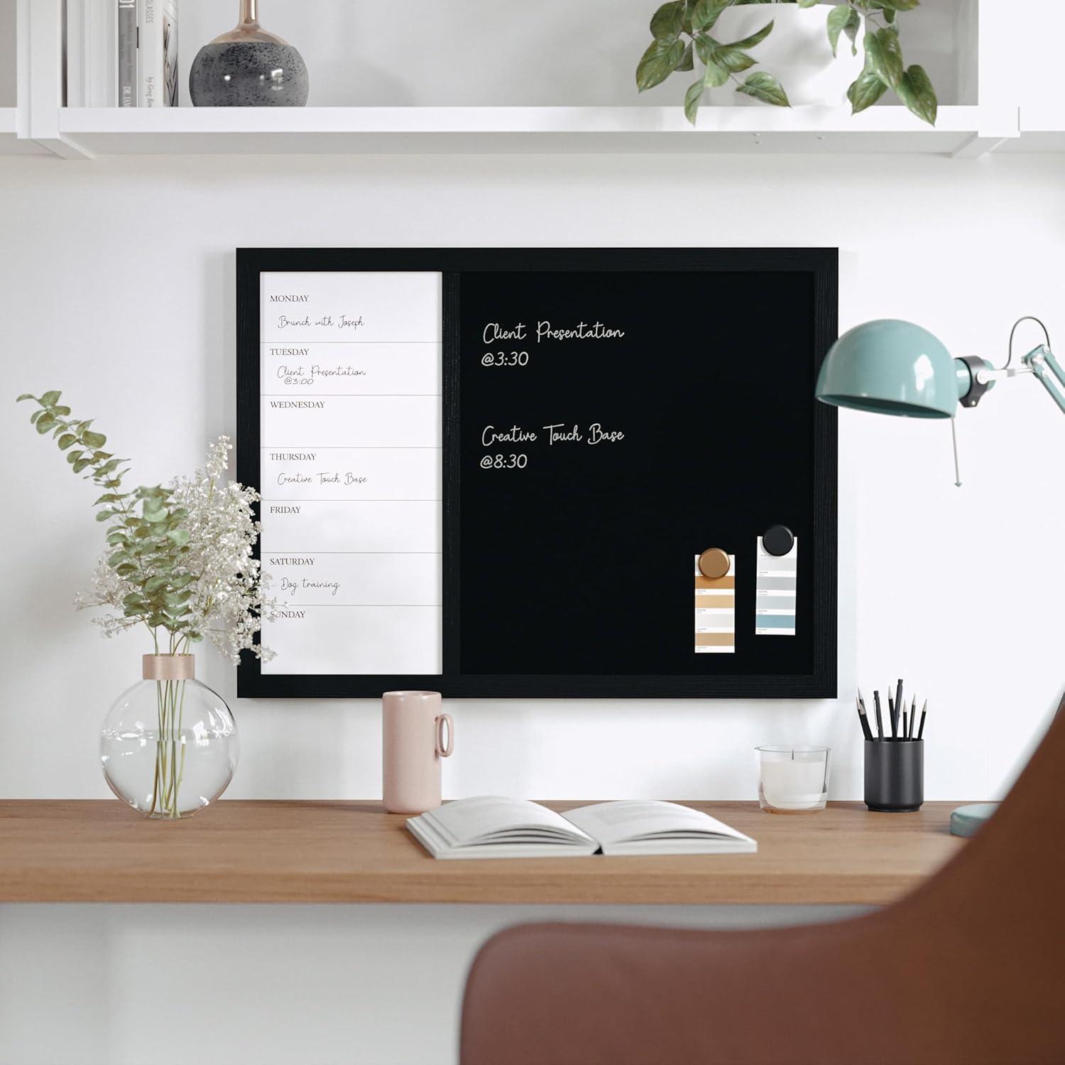 imageMartha Stewart Everette Magnetic Weekly Calendar Dry Erase Board and Chalk Board with Liquid Chalk Marker and Magnets 24quotx18quot Black Woodgrain FrameBlack Woodgrain