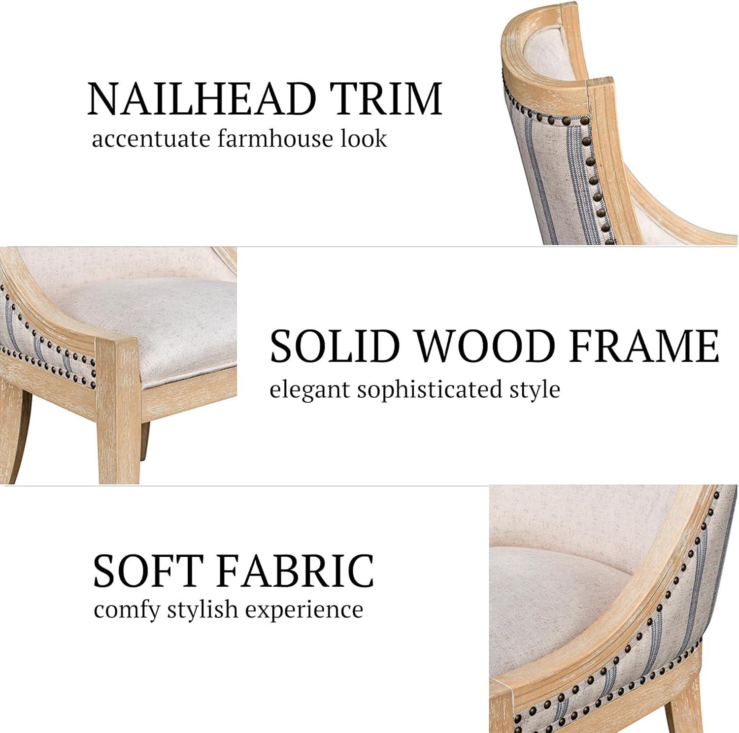 imageMartha Stewart Farmhouse Dining Room Chair Recessed Arm Chair for Bedrooms Nailhead Trim Solid Wood Legs Upholstered Reading Accent Chairs for Living Room Kitchen Dcor Elmherst Linen ColorBeige Stripe