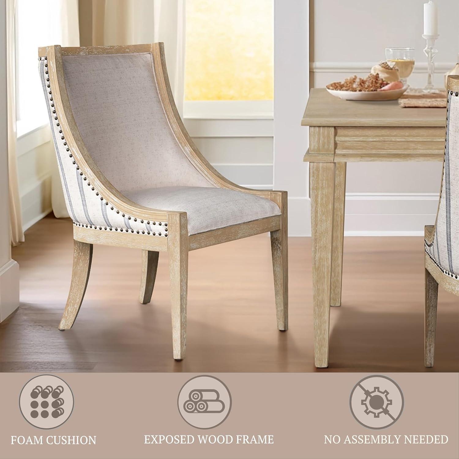 imageMartha Stewart Farmhouse Dining Room Chair Recessed Arm Chair for Bedrooms Nailhead Trim Solid Wood Legs Upholstered Reading Accent Chairs for Living Room Kitchen Dcor Elmherst Linen ColorBeige Stripe