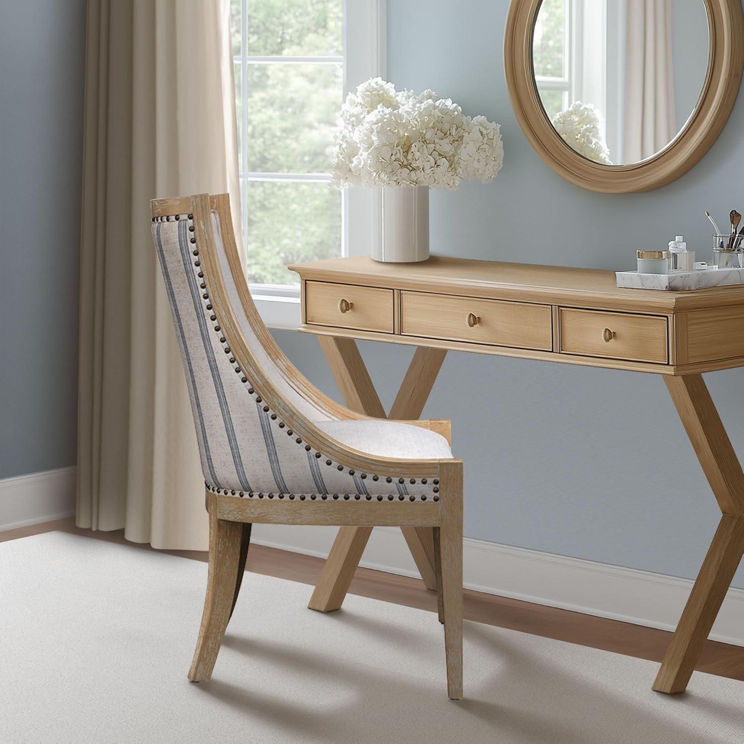 imageMartha Stewart Farmhouse Dining Room Chair Recessed Arm Chair for Bedrooms Nailhead Trim Solid Wood Legs Upholstered Reading Accent Chairs for Living Room Kitchen Dcor Elmherst Linen ColorBeige Stripe