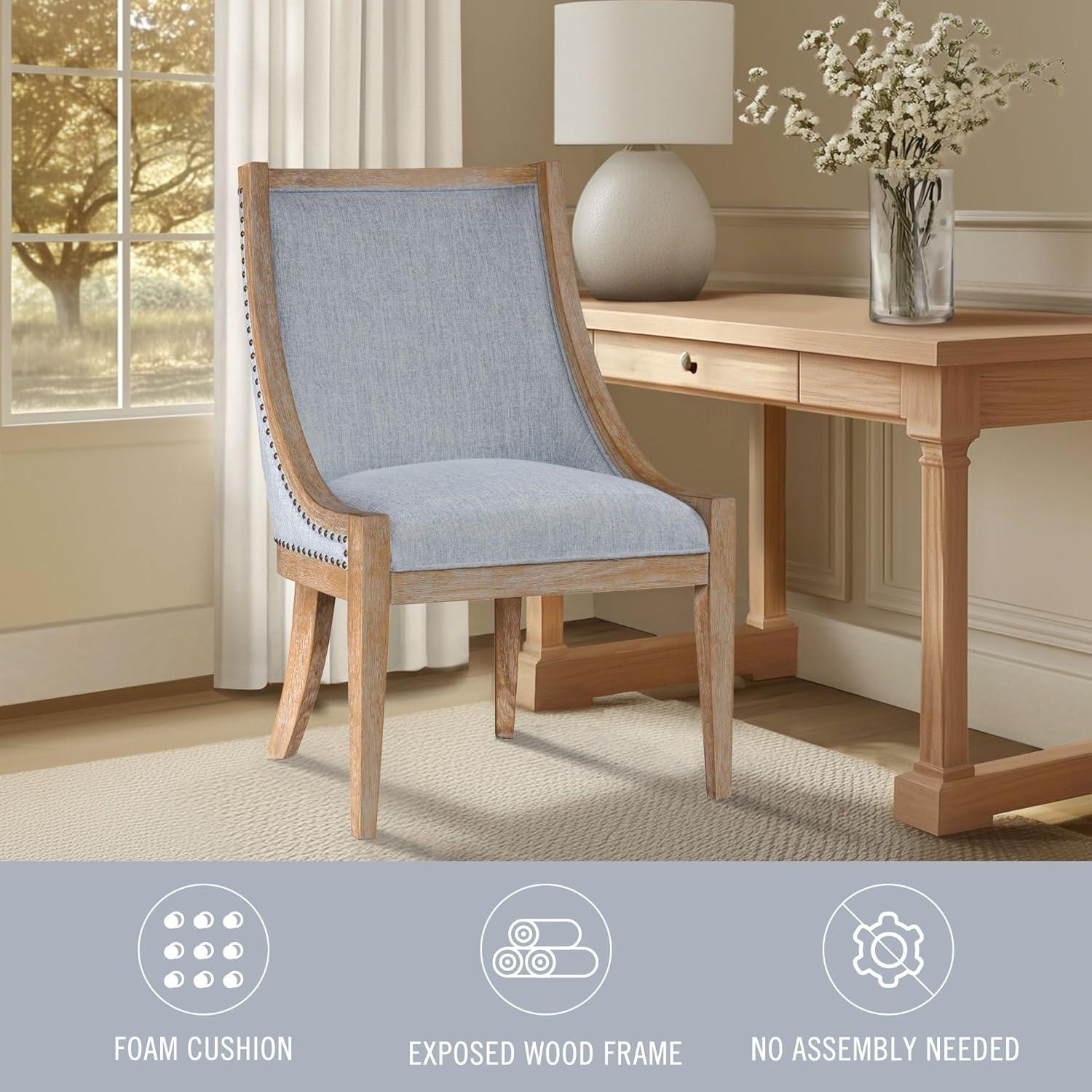 imageMartha Stewart Farmhouse Dining Room Chair Recessed Arm Chair for Bedrooms Nailhead Trim Solid Wood Legs Upholstered Reading Accent Chairs for Living Room Kitchen Dcor Elmherst Linen ColorLight Blue