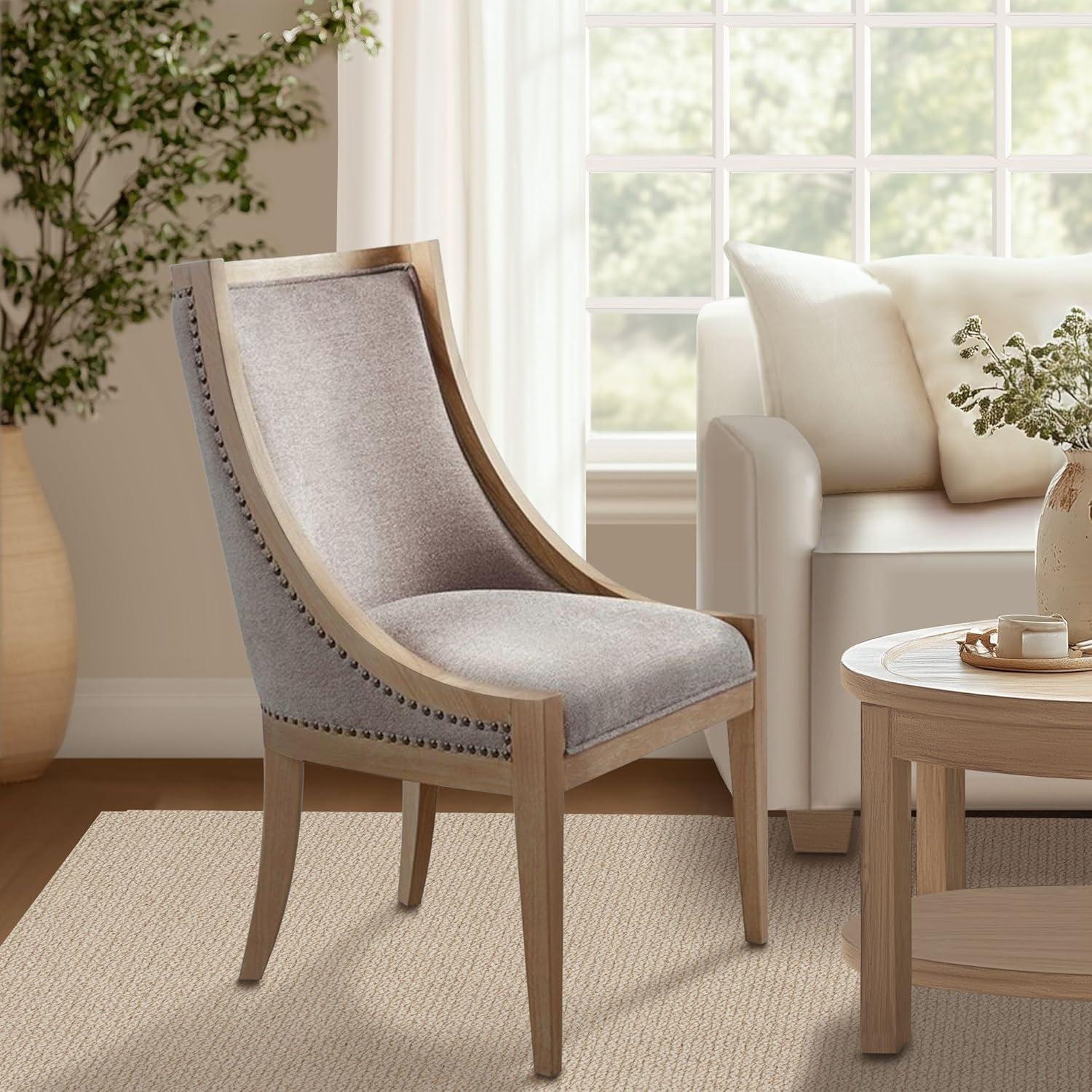 imageMartha Stewart Farmhouse Dining Room Chair Recessed Arm Chair for Bedrooms Nailhead Trim Solid Wood Legs Upholstered Reading Accent Chairs for Living Room Kitchen Dcor Elmherst Linen ColorLinen Color
