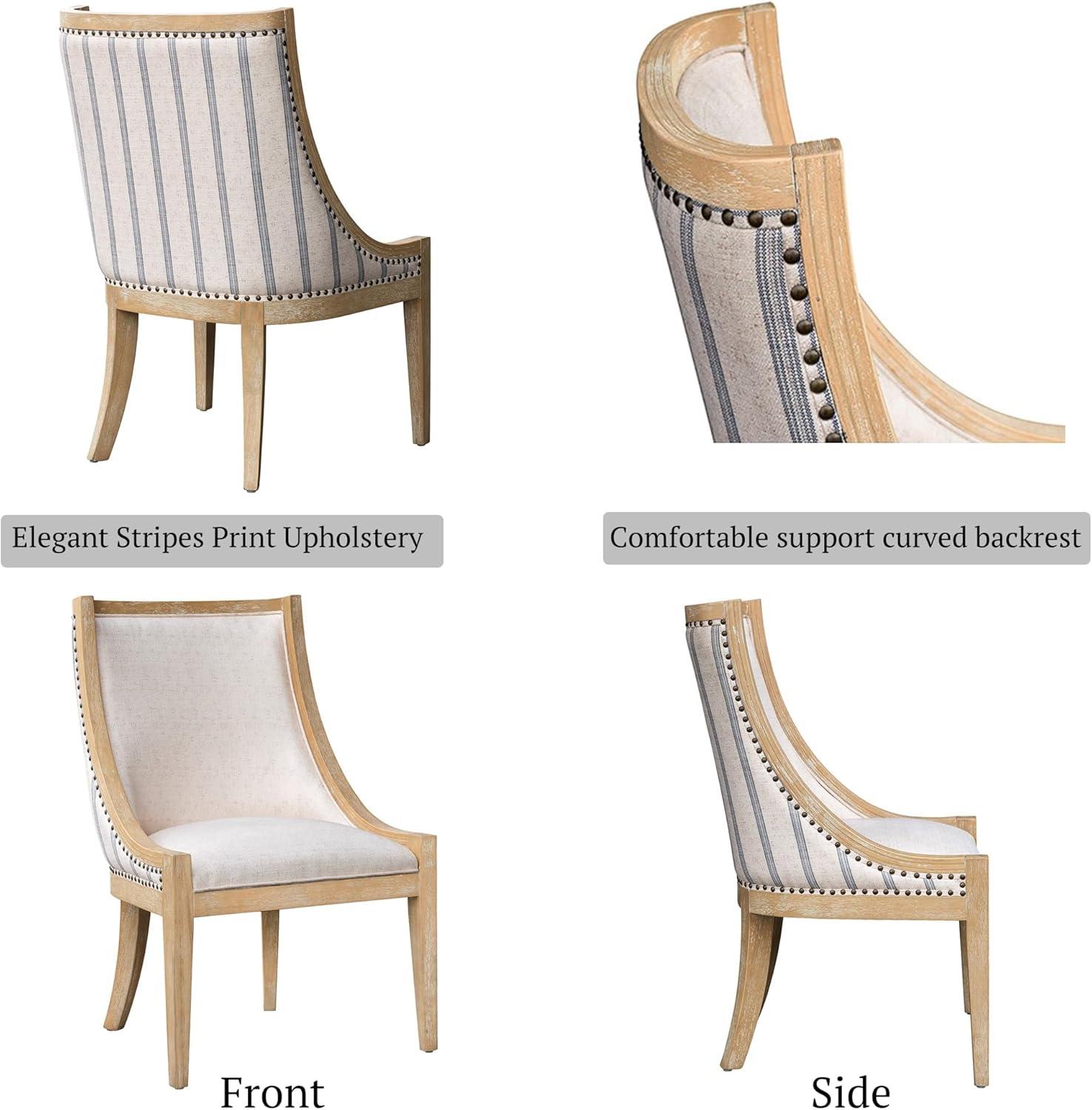 imageMartha Stewart Farmhouse Dining Room Chair Recessed Arm Chair for Bedrooms Nailhead Trim Solid Wood Legs Upholstered Reading Accent Chairs for Living Room Kitchen Dcor Elmherst Linen ColorBeige Stripe